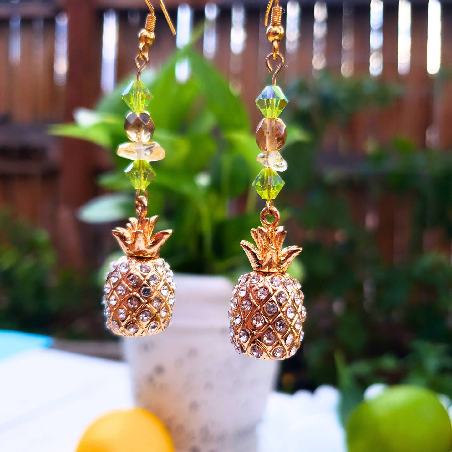 Gold Rhinestone Pineapple Dangle Earrings  - Tropical Glam Statement