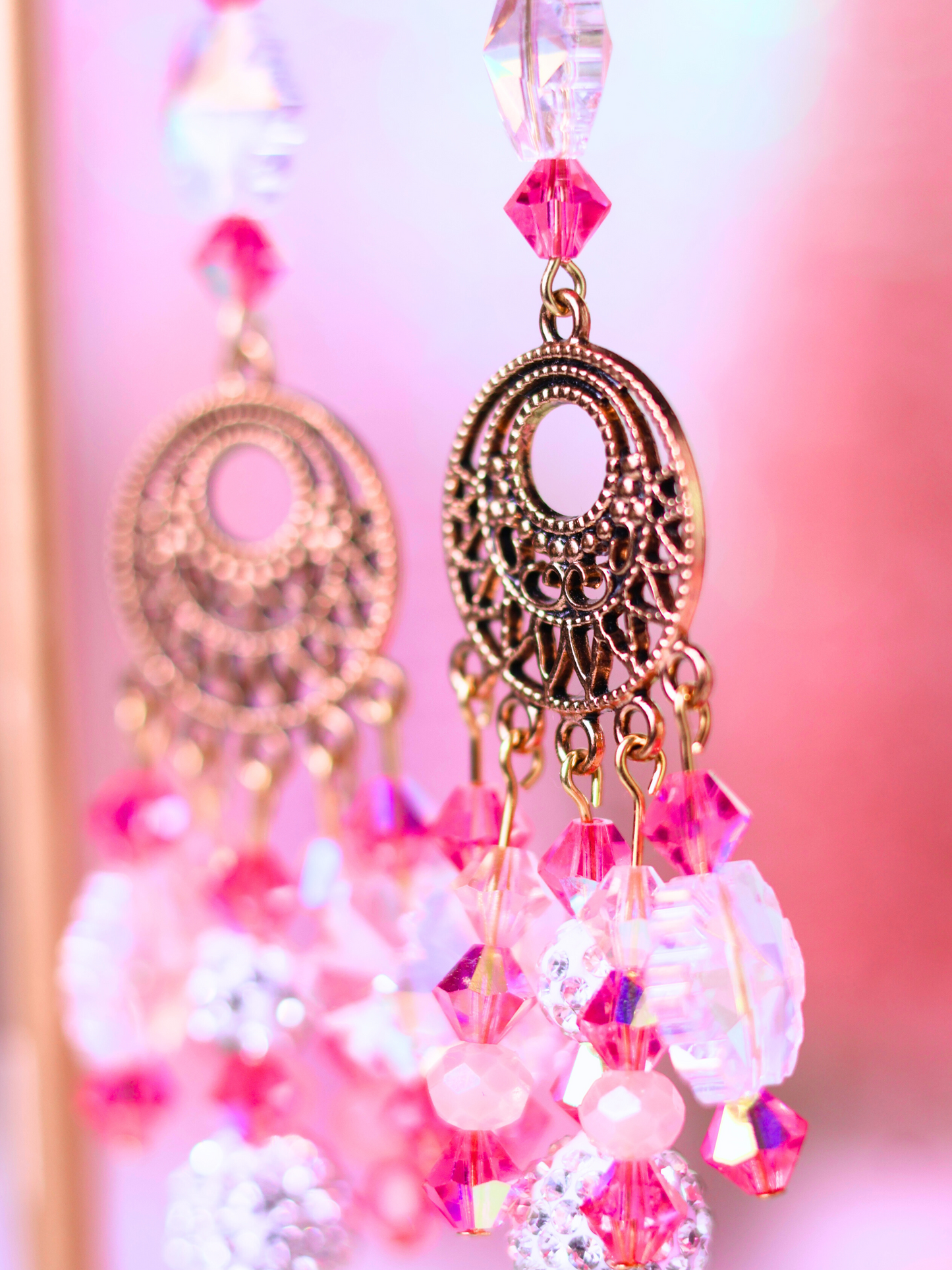 Pink Christmas Collection: Boho Chic Crystal Drop Earrings – Festive and Playful Statement Jewelry