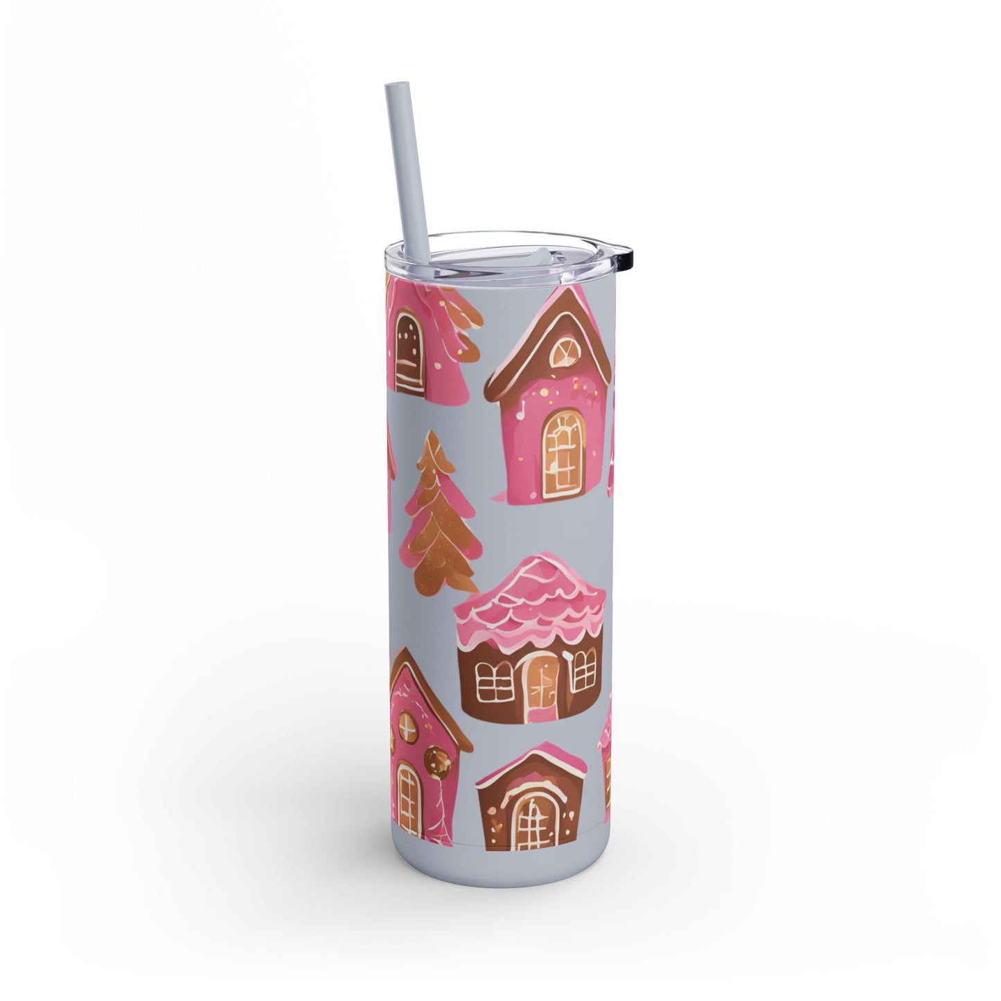 Pink Gingerbread Houses Skinny (MATTE) Tumbler – | 20oz Holiday Drinkware in Dusty Rose, Dusty Blue & Sea Glass