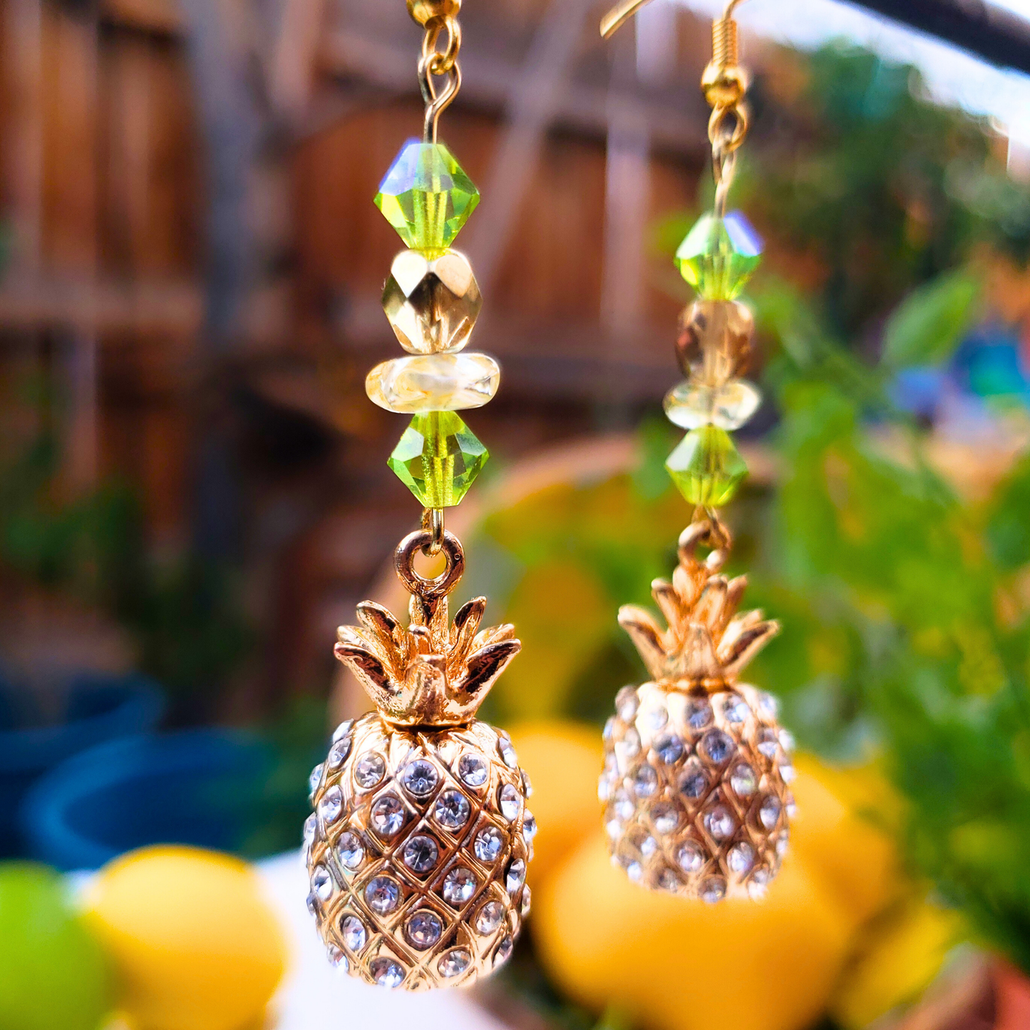 Gold Rhinestone Pineapple Dangle Earrings  - Tropical Glam Statement