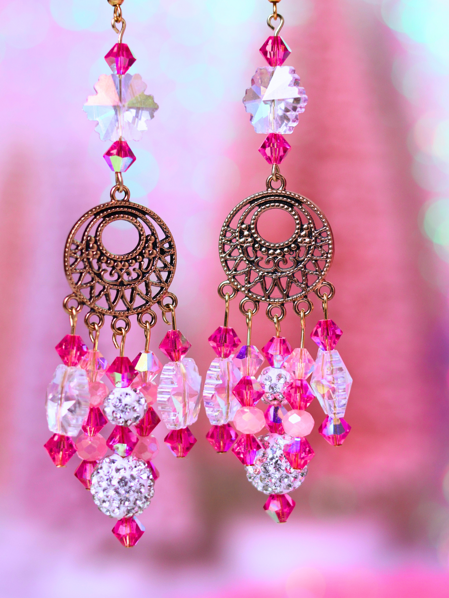 Pink Christmas Collection: Boho Chic Crystal Drop Earrings – Festive and Playful Statement Jewelry