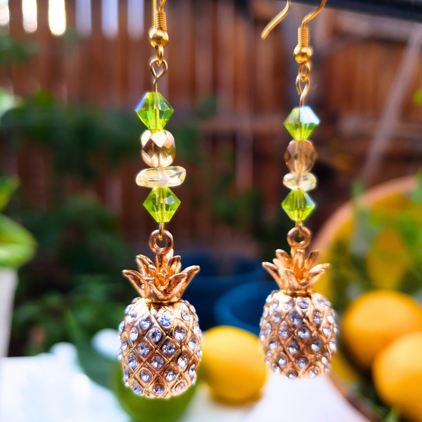 Gold Rhinestone Pineapple Dangle Earrings  - Tropical Glam Statement