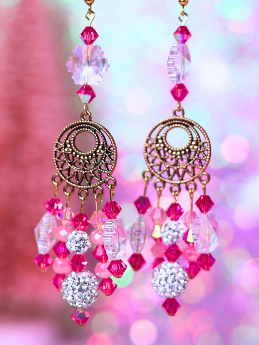 Pink Christmas Collection: Boho Chic Crystal Drop Earrings – Festive and Playful Statement Jewelry