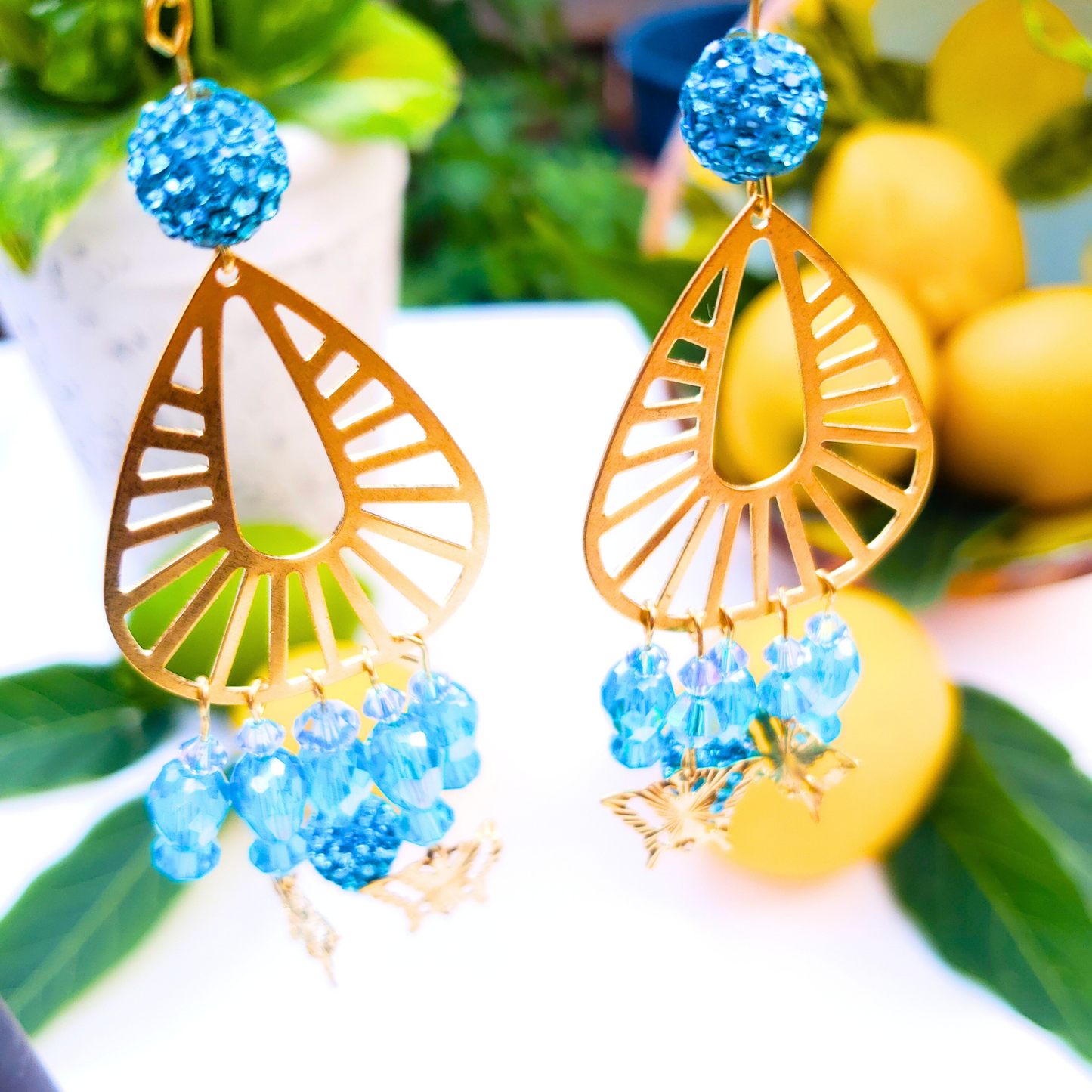 Golden Butterfly Chandelier Earrings with Blue Beads - Summer Elegance