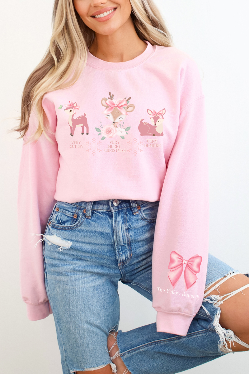 Cozy Very Cutesy Very Demure  Pink Reindeer Christmas Sweatshirt