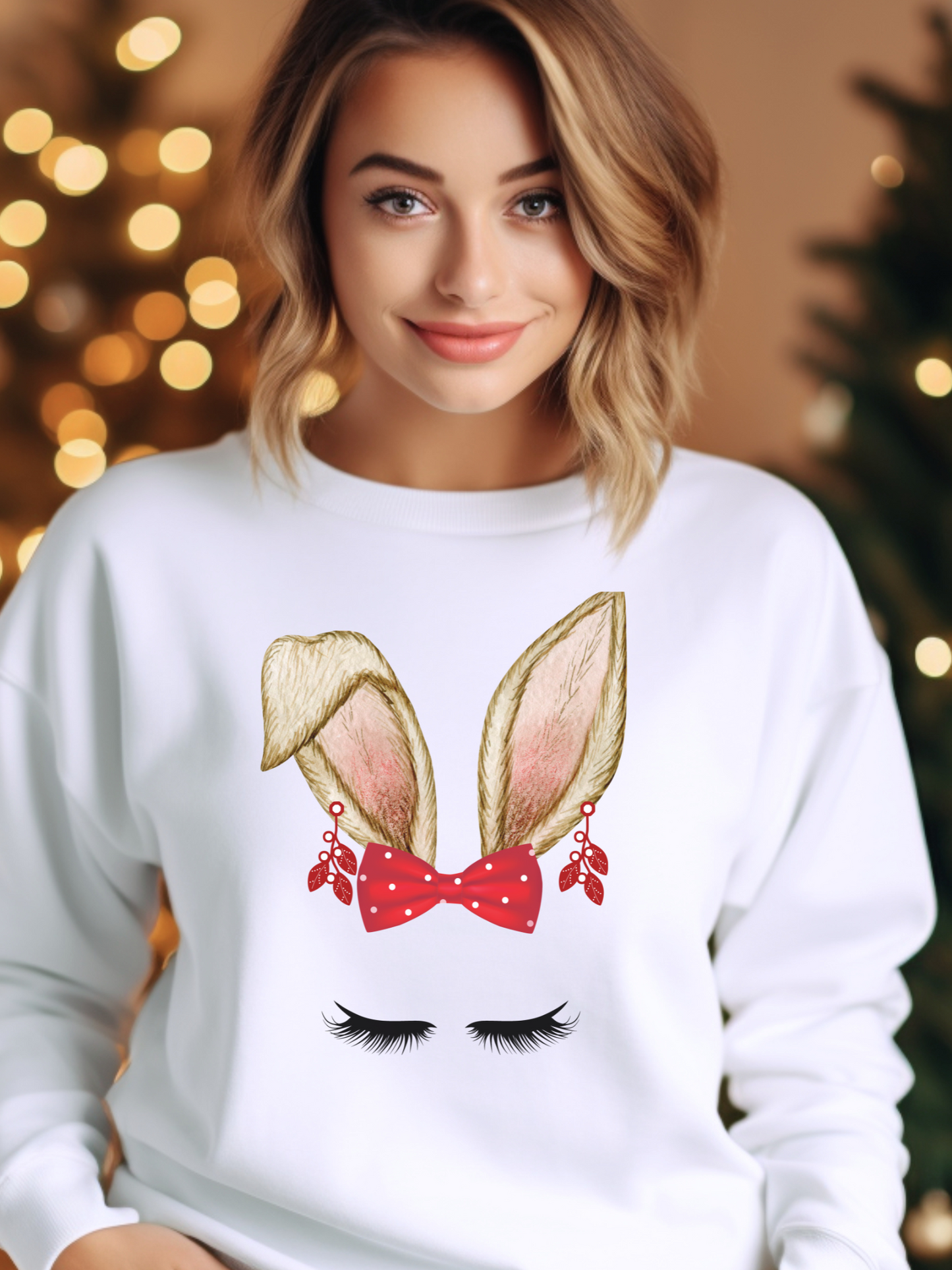 Christmas Bunny Ears Red Bow with Polka Dots and Dangle Earrings Sweatshirt