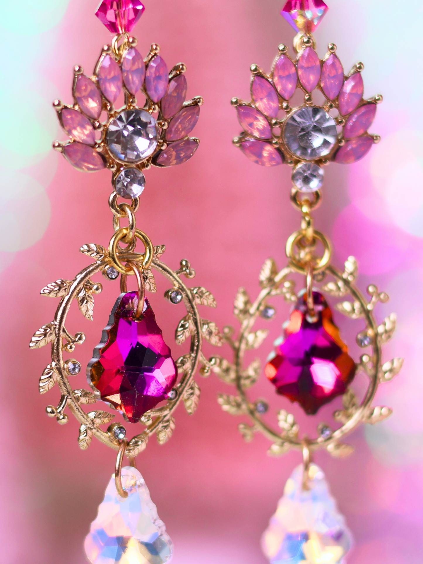 Pink Christmas Collection: Glamorous Pink Crystal Drop Earrings – Sparkling Elegance for the Holidays