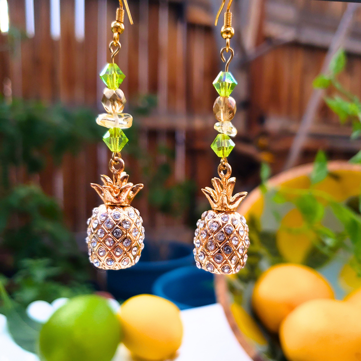 Gold Rhinestone Pineapple Dangle Earrings  - Tropical Glam Statement