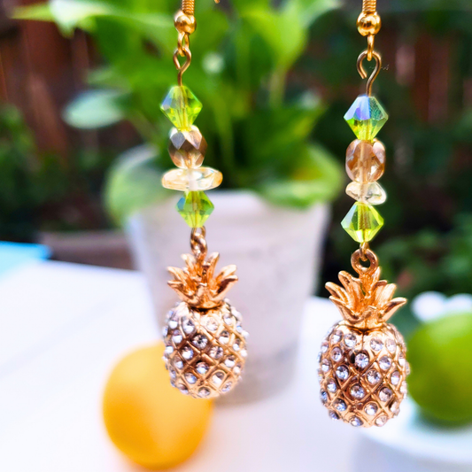 Gold Rhinestone Pineapple Dangle Earrings  - Tropical Glam Statement