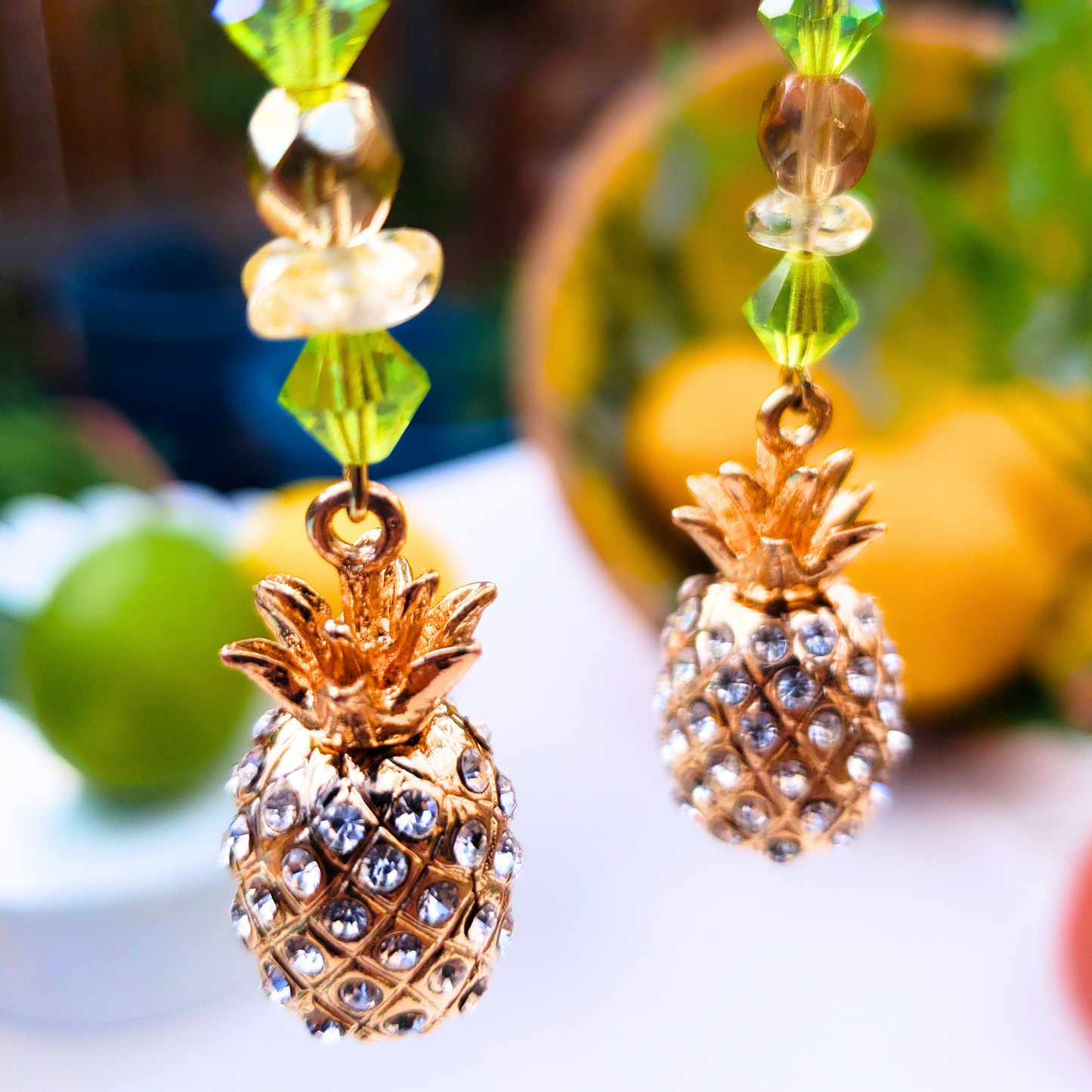 Gold Rhinestone Pineapple Dangle Earrings  - Tropical Glam Statement