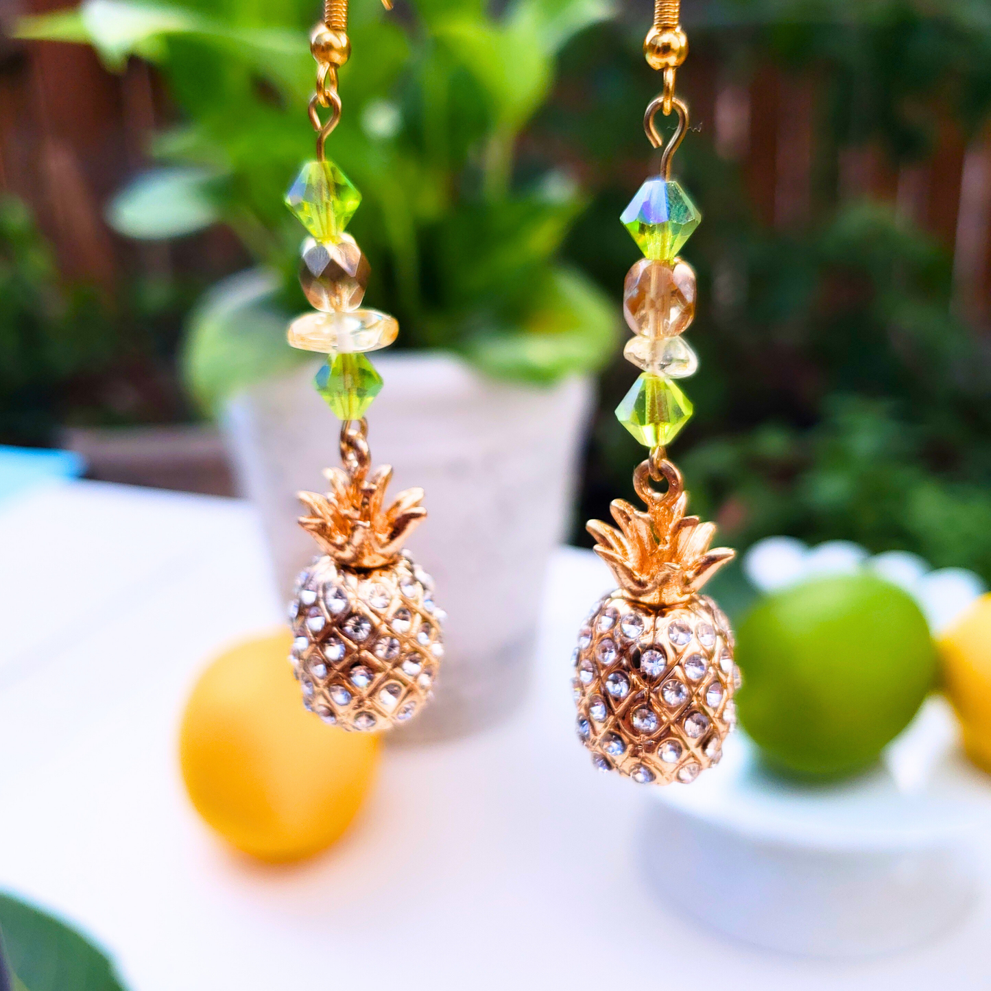 Gold Rhinestone Pineapple Dangle Earrings  - Tropical Glam Statement