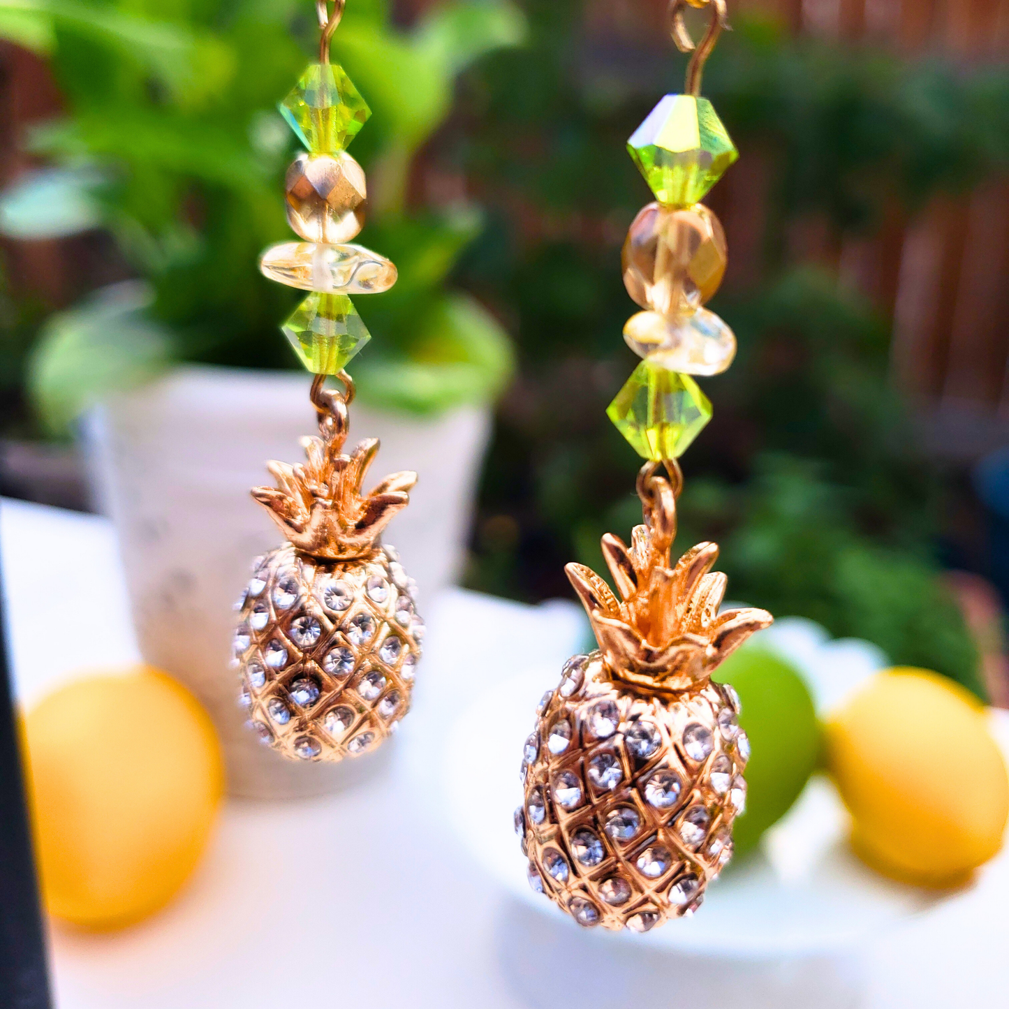 Gold Rhinestone Pineapple Dangle Earrings  - Tropical Glam Statement