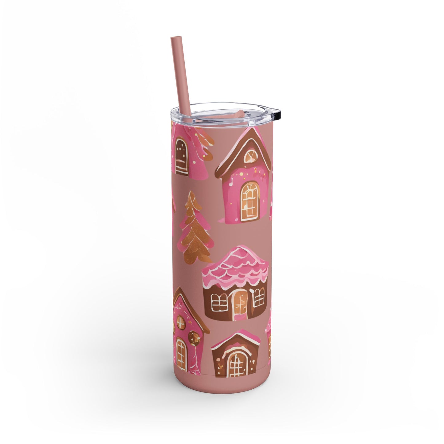 Pink Gingerbread Houses Skinny (MATTE) Tumbler – | 20oz Holiday Drinkware in Dusty Rose, Dusty Blue & Sea Glass