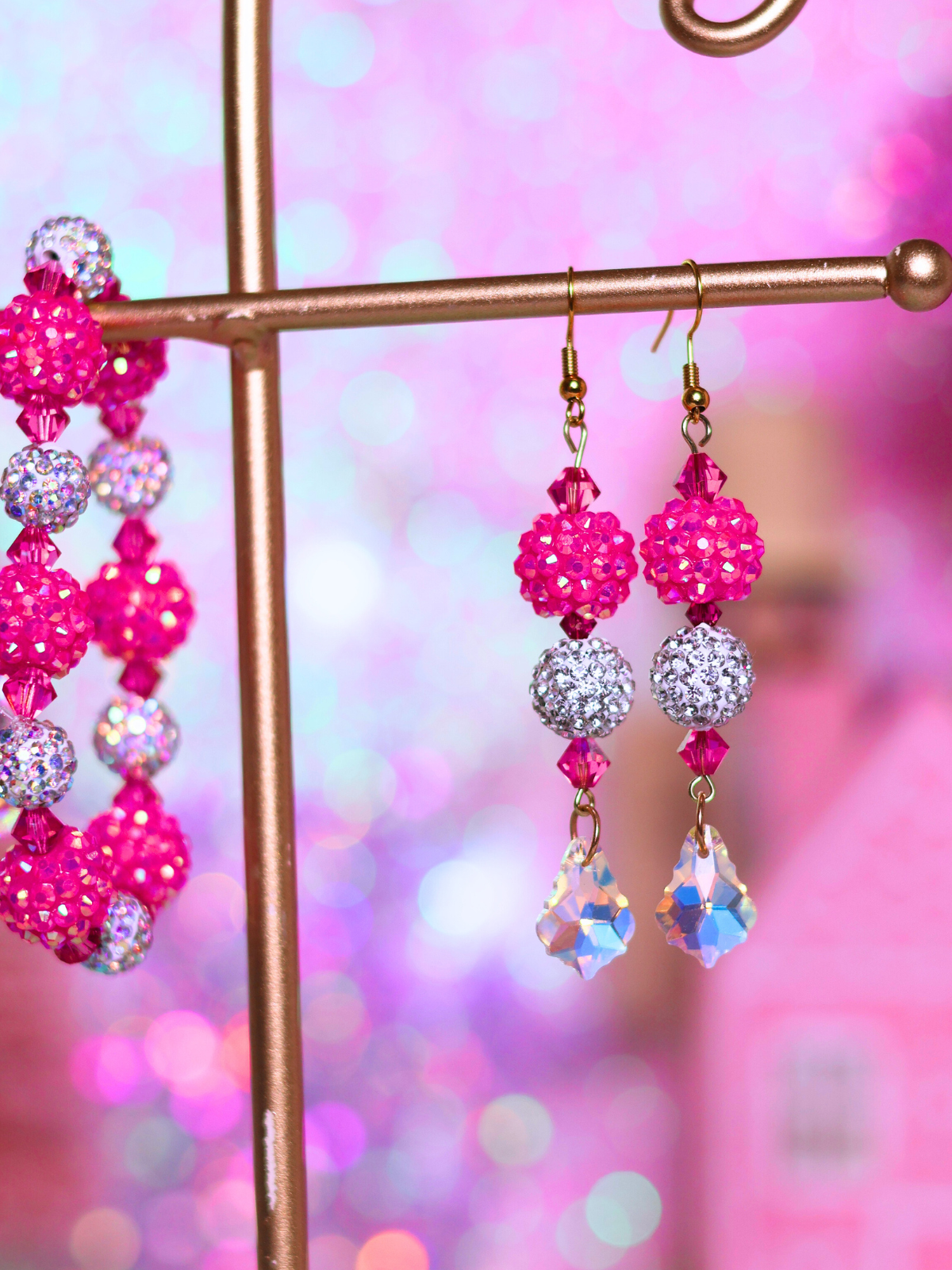 Pink Christmas Collection: Sparkling Crystal Drop Earrings – Festive Glam for the Holiday Season