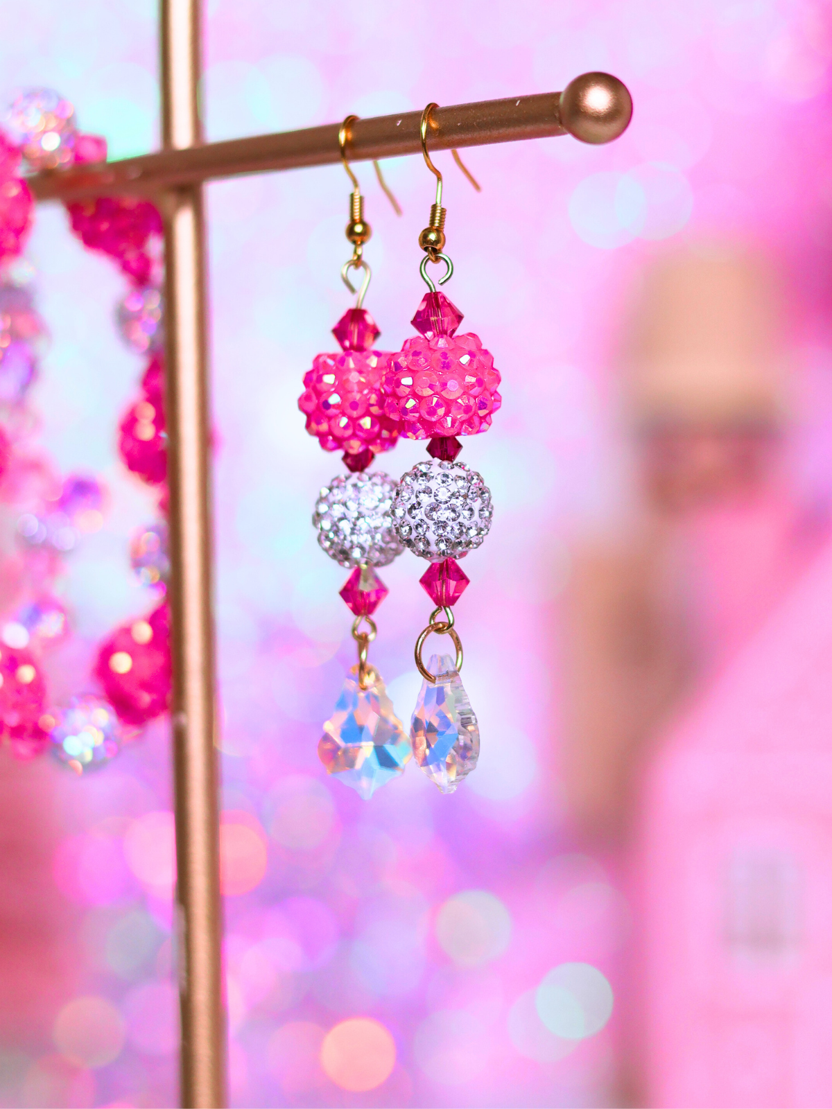 Pink Christmas Collection: Sparkling Crystal Drop Earrings – Festive Glam for the Holiday Season