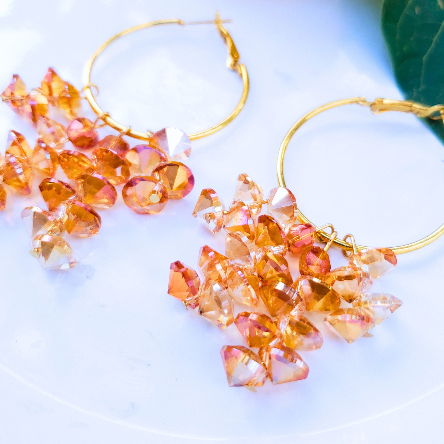 Golden Hoop Earrings with Amber Crystals - Radiant Summer Glow