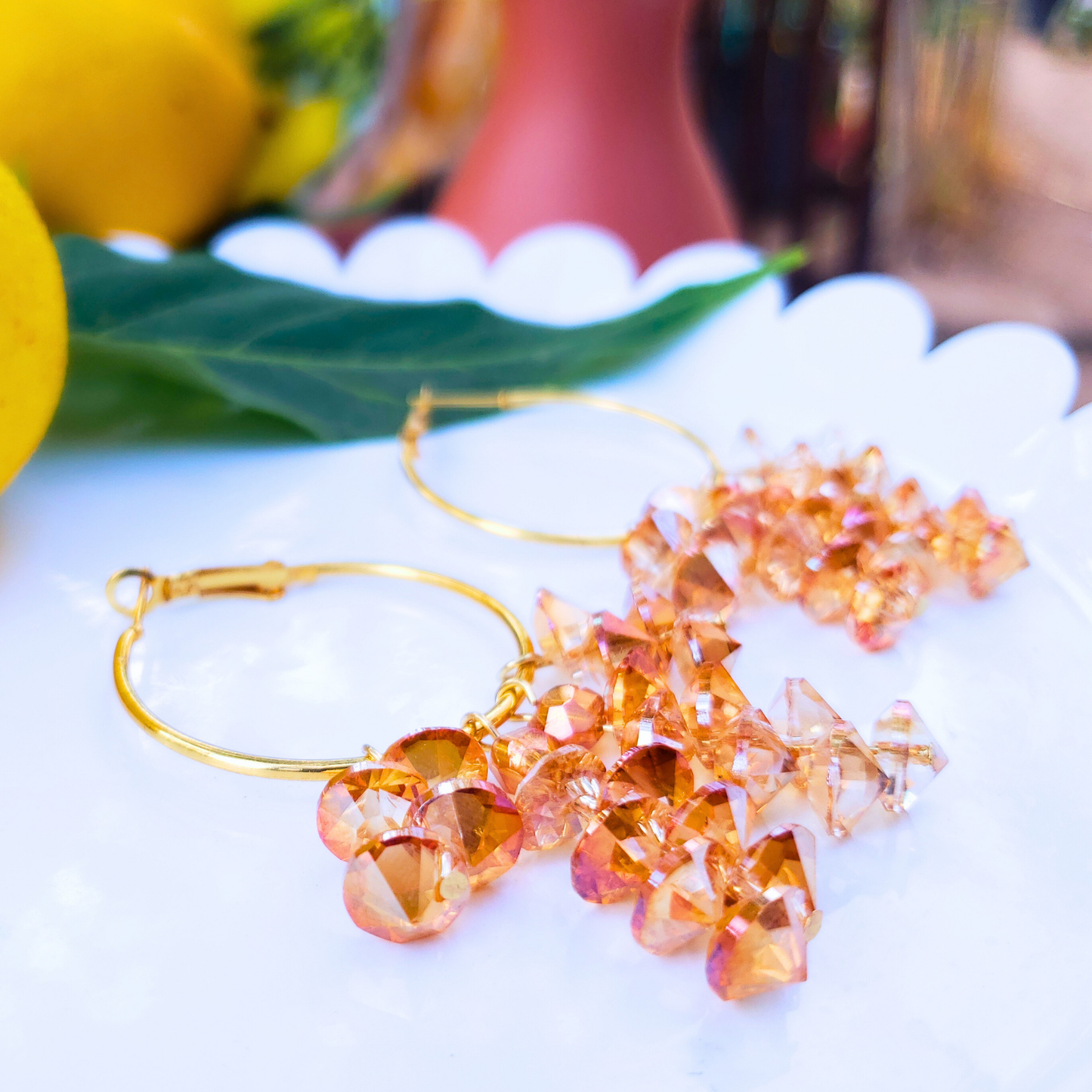 Golden Hoop Earrings with Amber Crystals - Radiant Summer Glow