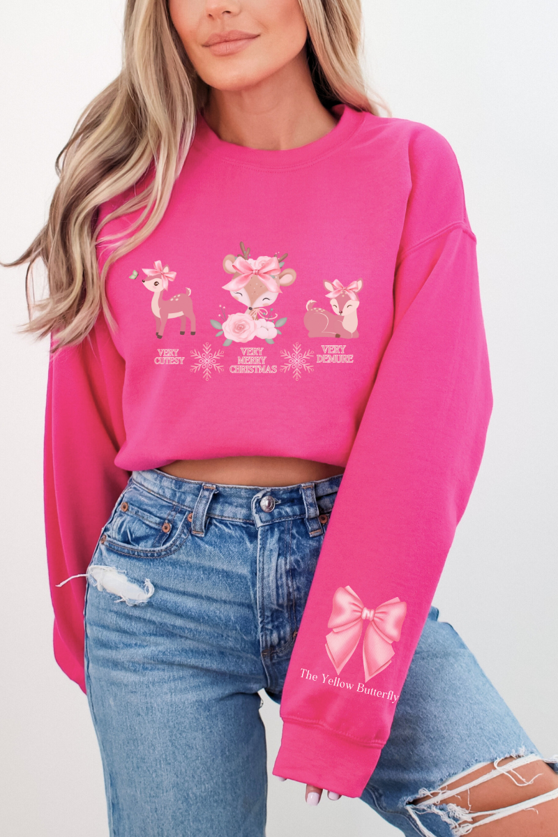 Cozy Very Cutesy Very Demure  Pink Reindeer Christmas Sweatshirt