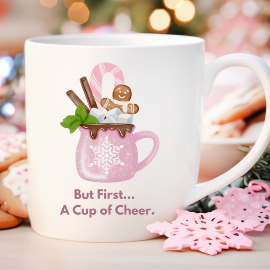 Cute Pink Christmas Mug with Gingerbread & Candy Cane – 11oz  Ceramic Holiday Mug