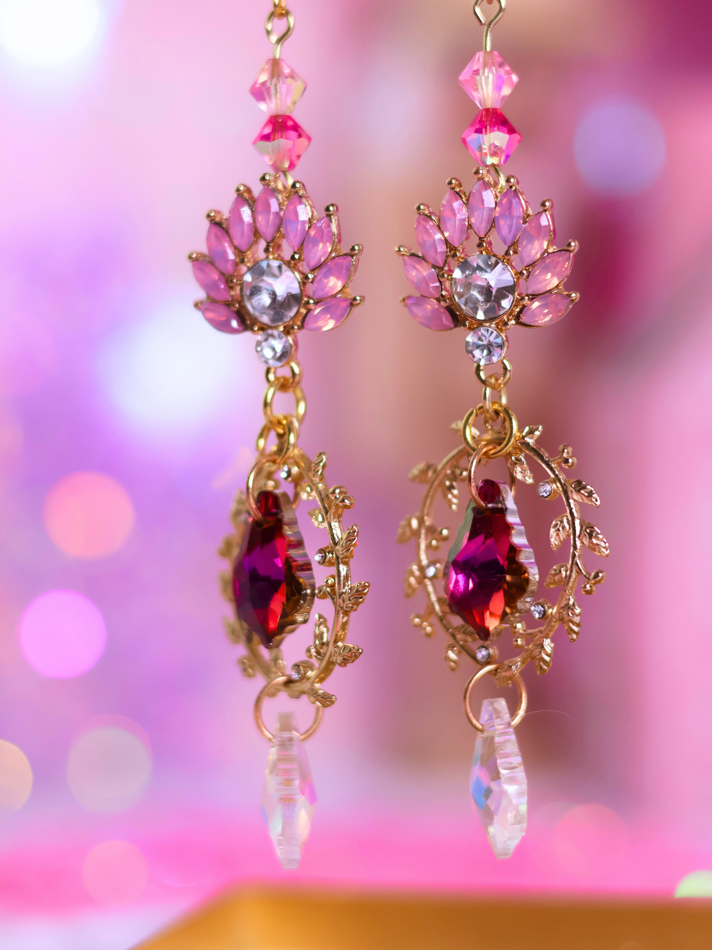 Pink Christmas Collection: Glamorous Pink Crystal Drop Earrings – Sparkling Elegance for the Holidays