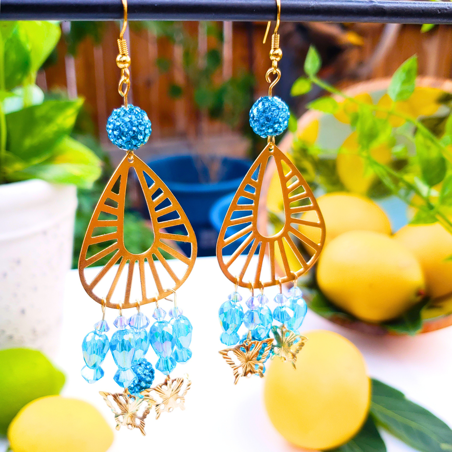 Golden Butterfly Chandelier Earrings with Blue Beads - Summer Elegance