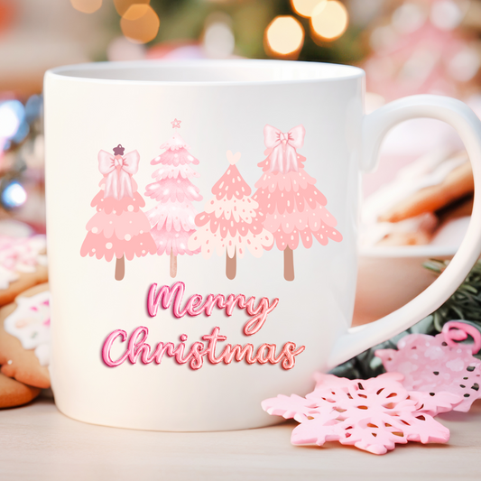 Cute Pink Christmas Trees Merry Christmas Ceramic Mug, 11oz/15oz