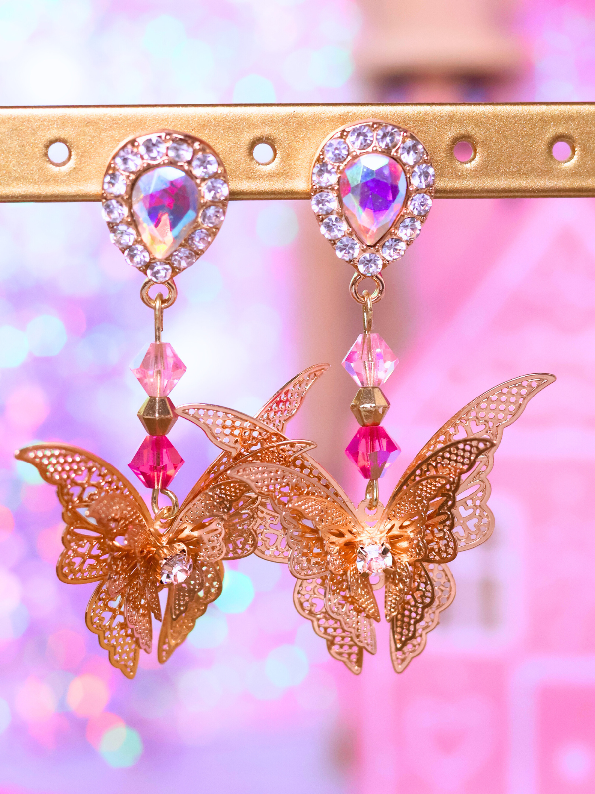 Pink Christmas Collection: Golden Butterfly Crystal Earrings – Elegant Statement Jewelry for the Holidays