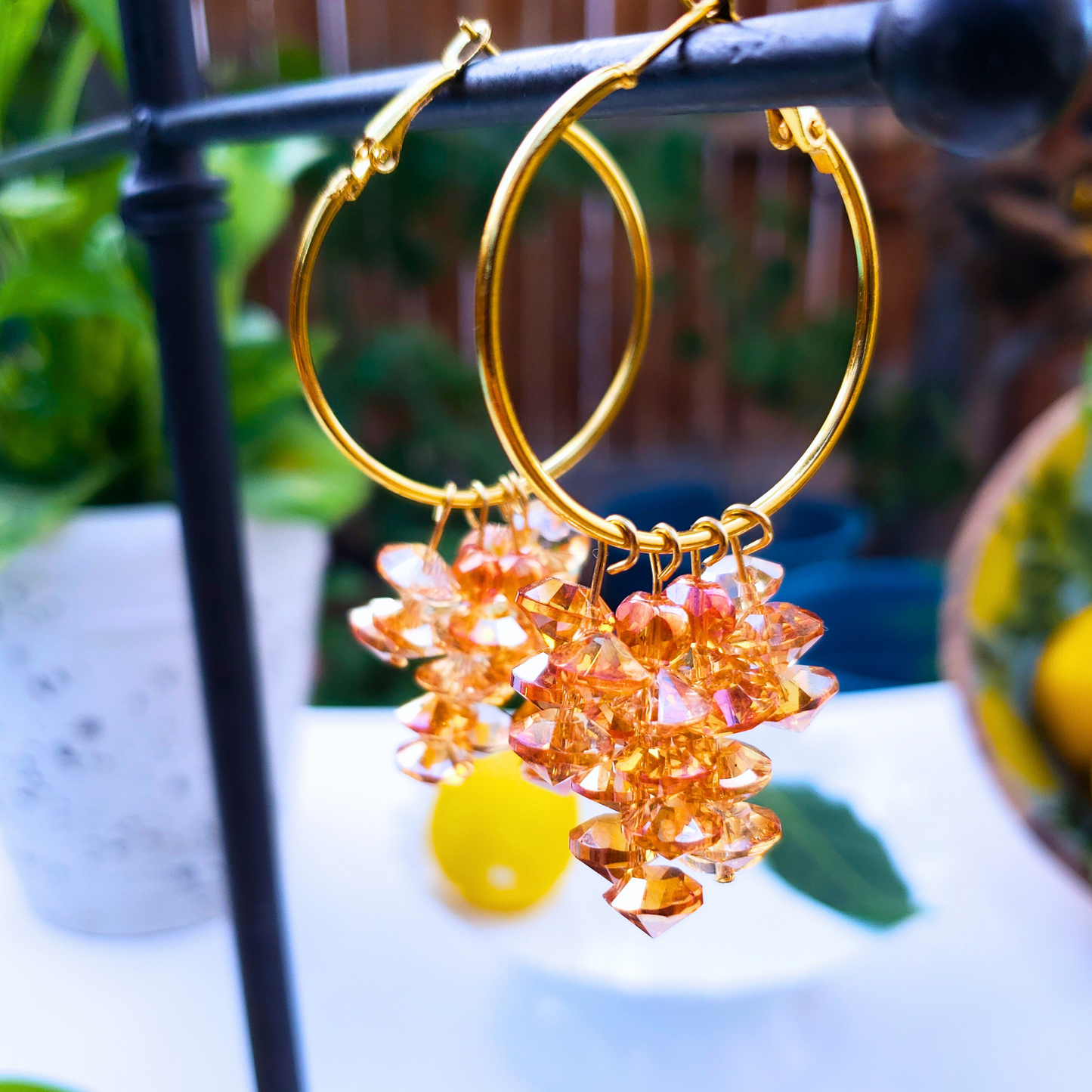 Golden Hoop Earrings with Amber Crystals - Radiant Summer Glow