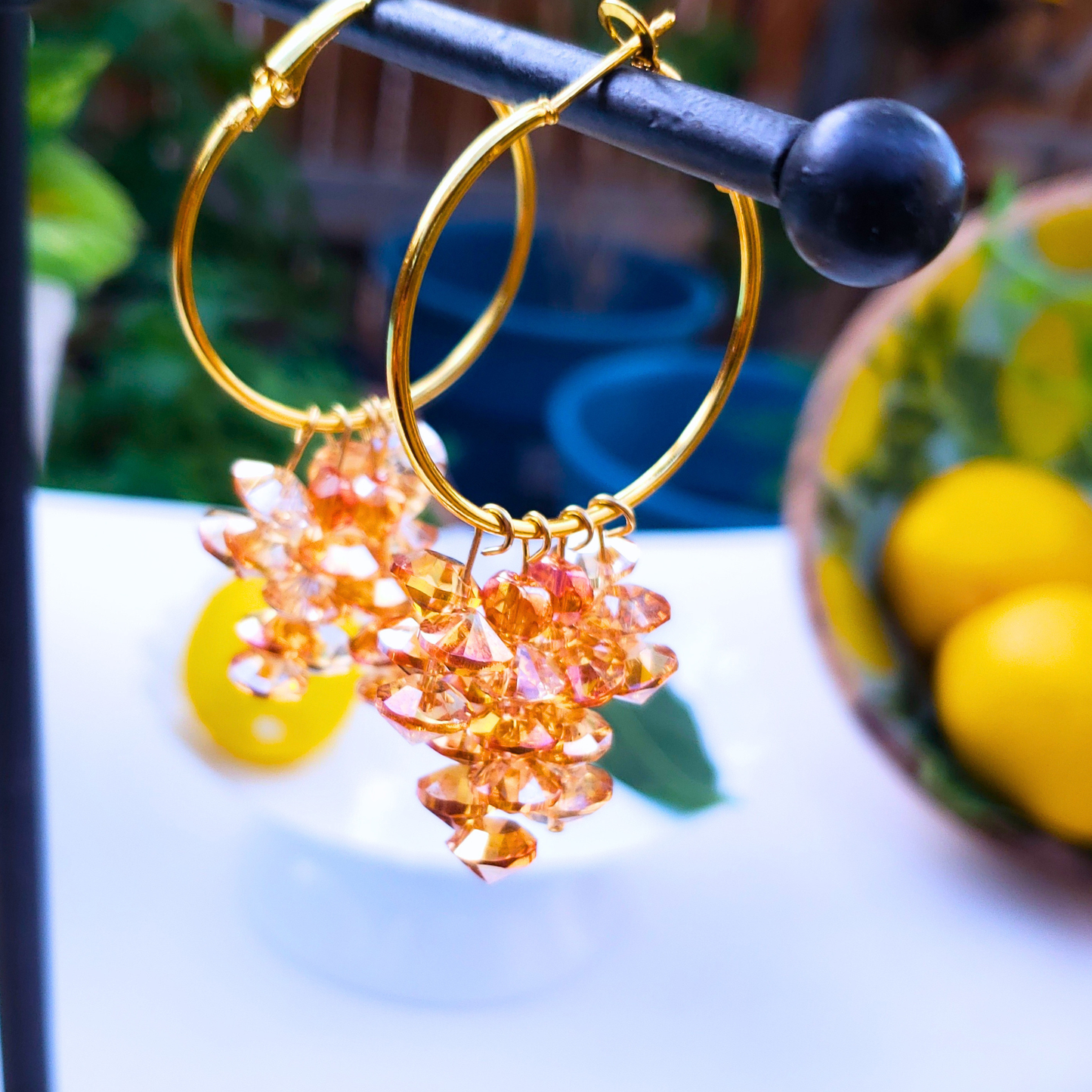 Golden Hoop Earrings with Amber Crystals - Radiant Summer Glow