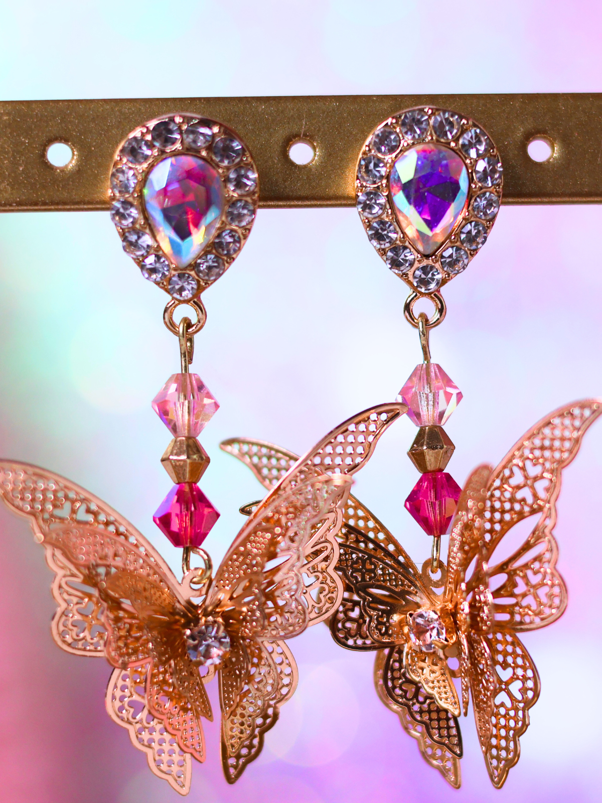 Pink Christmas Collection: Golden Butterfly Crystal Earrings – Elegant Statement Jewelry for the Holidays