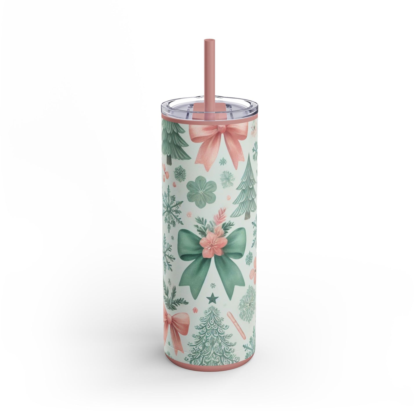 Festive Bow & Tree Skinny Matte Tumbler | 20oz Holiday Drinkware in Dusty Rose, Dusty Blue & Sea Glass