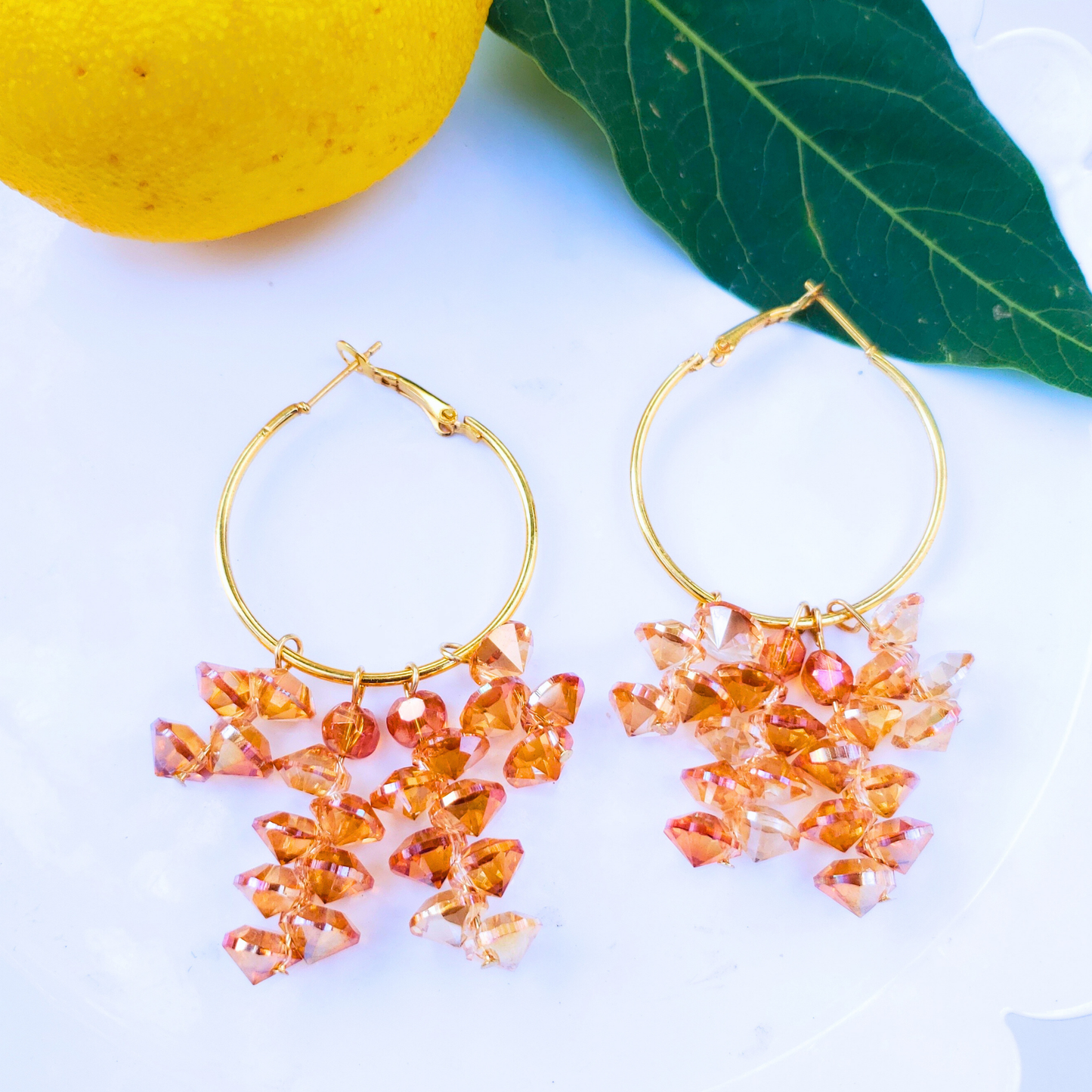 Golden Hoop Earrings with Amber Crystals - Radiant Summer Glow