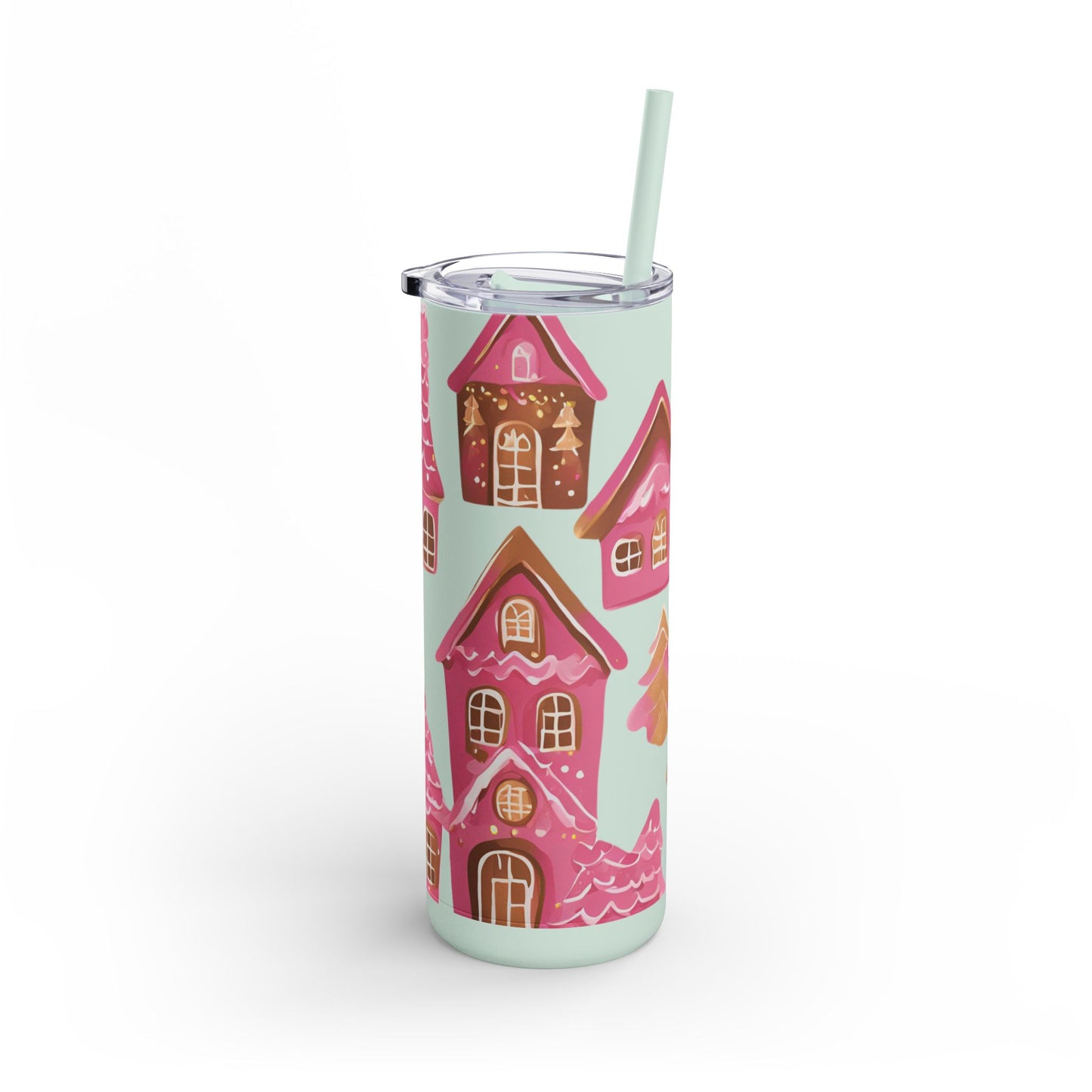 Pink Gingerbread Houses Skinny (MATTE) Tumbler – | 20oz Holiday Drinkware in Dusty Rose, Dusty Blue & Sea Glass