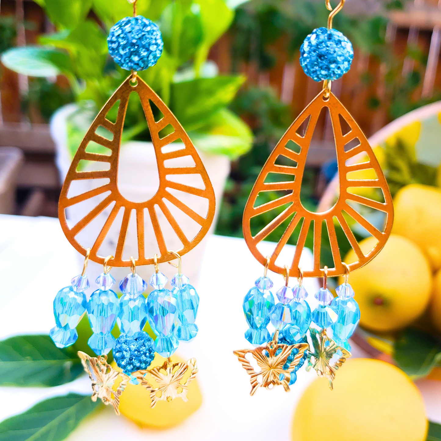 Golden Butterfly Chandelier Earrings with Blue Beads - Summer Elegance