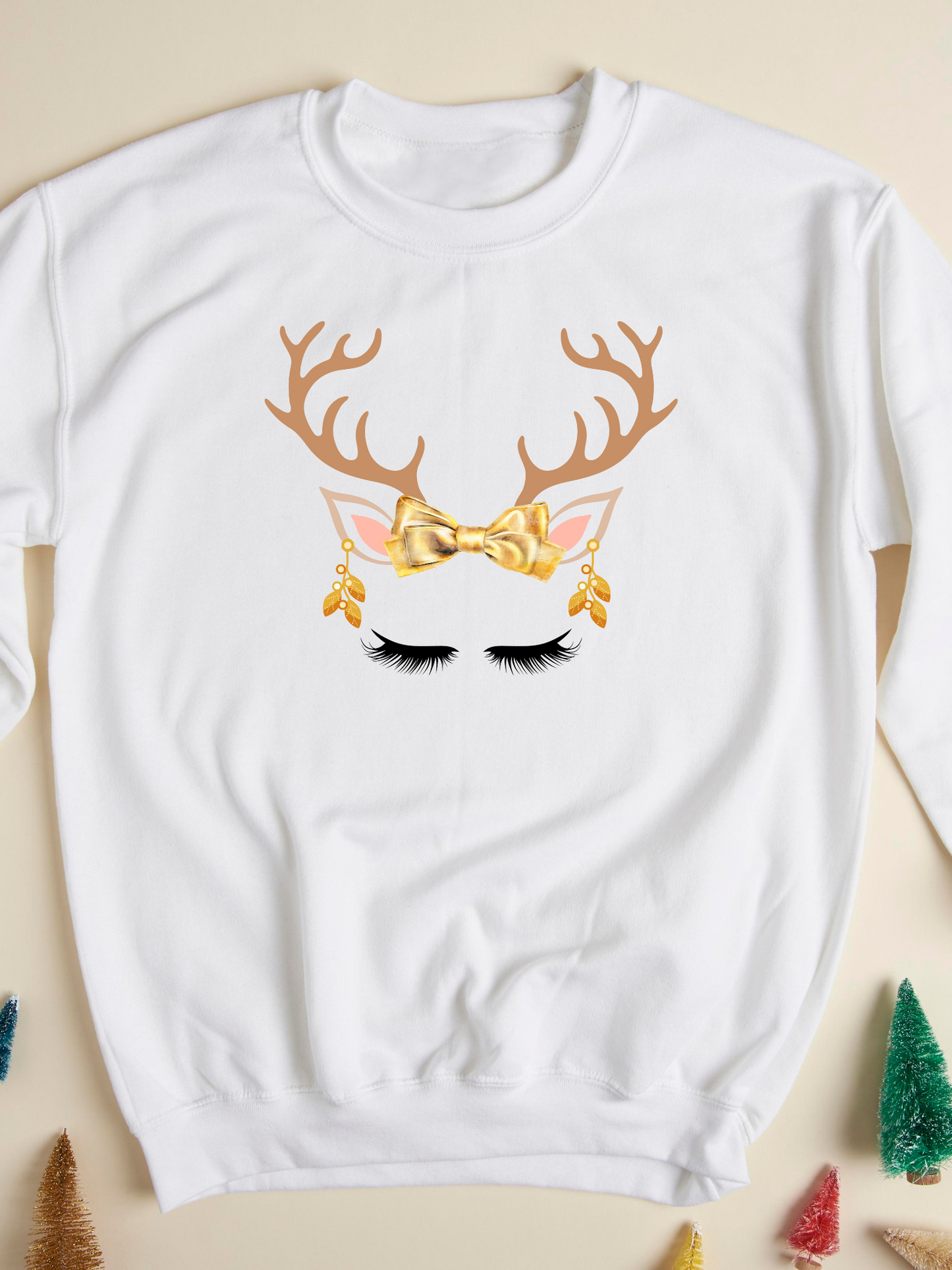 Christmas Glam Deer Antlers Gold Bow Sweatshirt