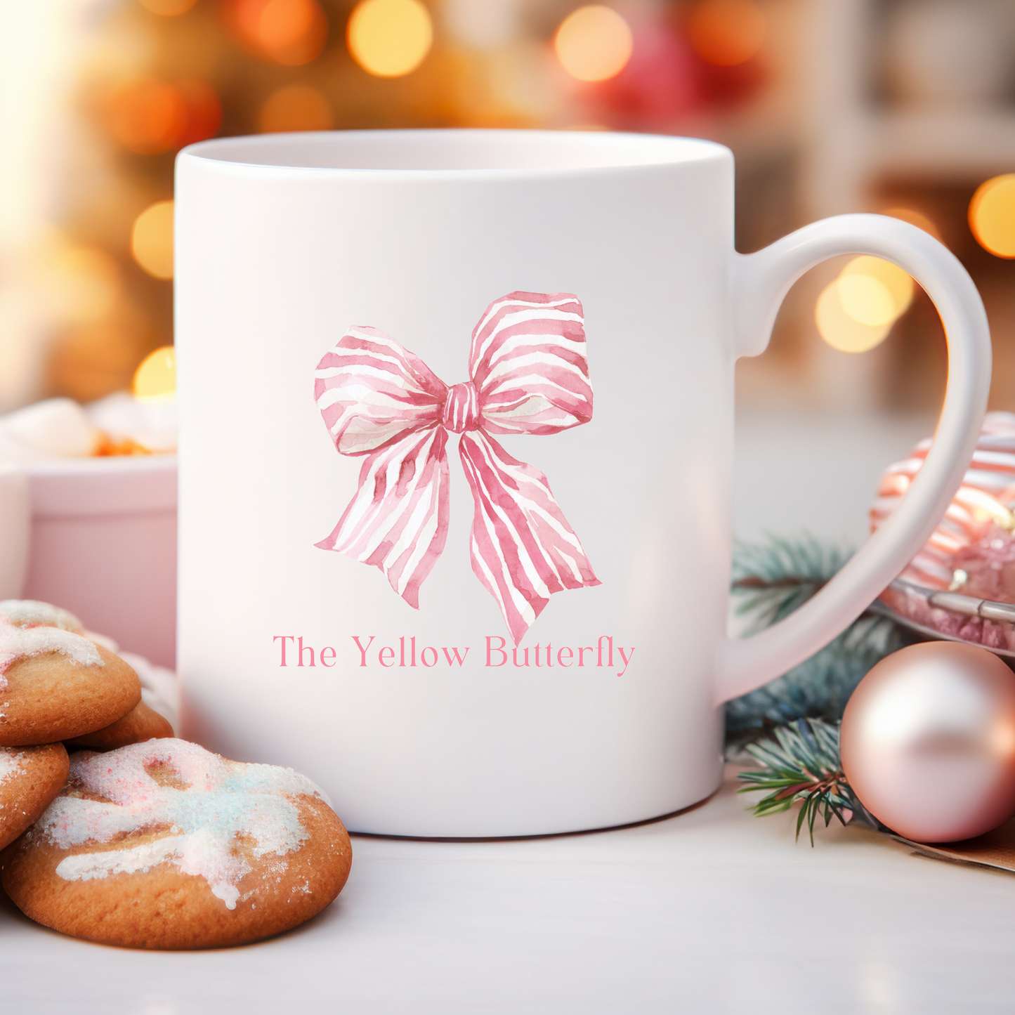 Cute Pink Christmas Mug with Gingerbread & Candy Cane – 11oz  Ceramic Holiday Mug