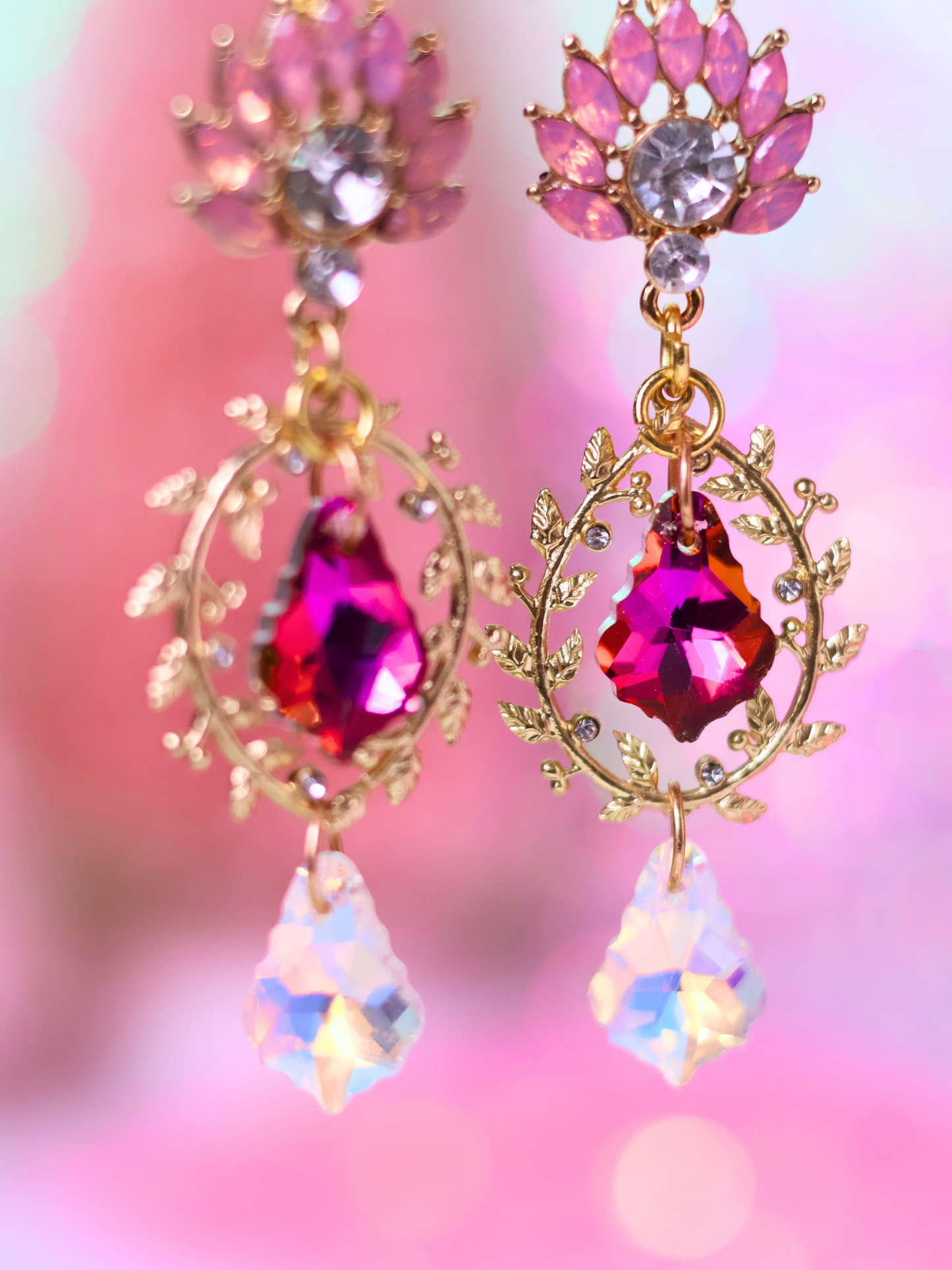 Pink Christmas Collection: Glamorous Pink Crystal Drop Earrings – Sparkling Elegance for the Holidays