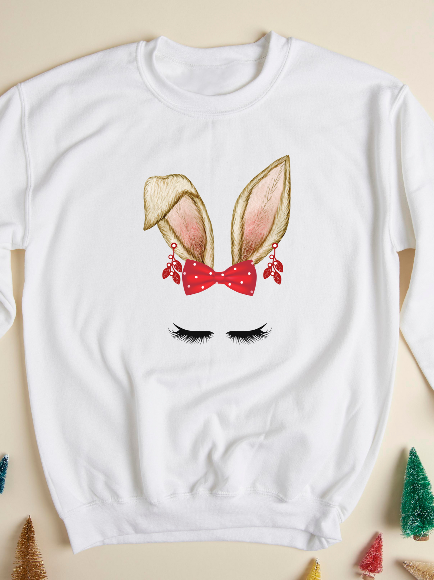 Christmas Bunny Ears Red Bow with Polka Dots and Dangle Earrings Sweatshirt