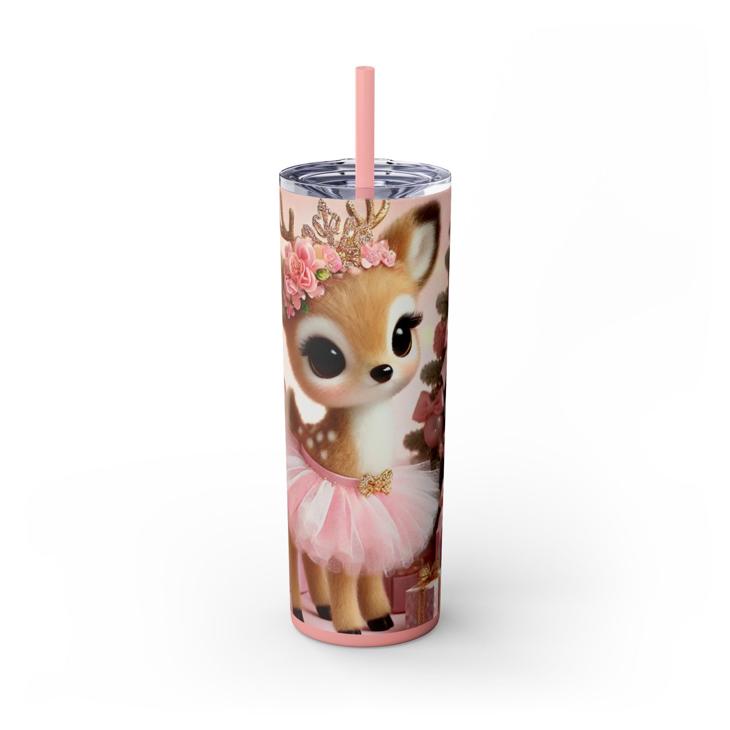 Christmas Reindeer Princess in Pink and White Striped Tutu 20oz Glossy Skinny Tumbler