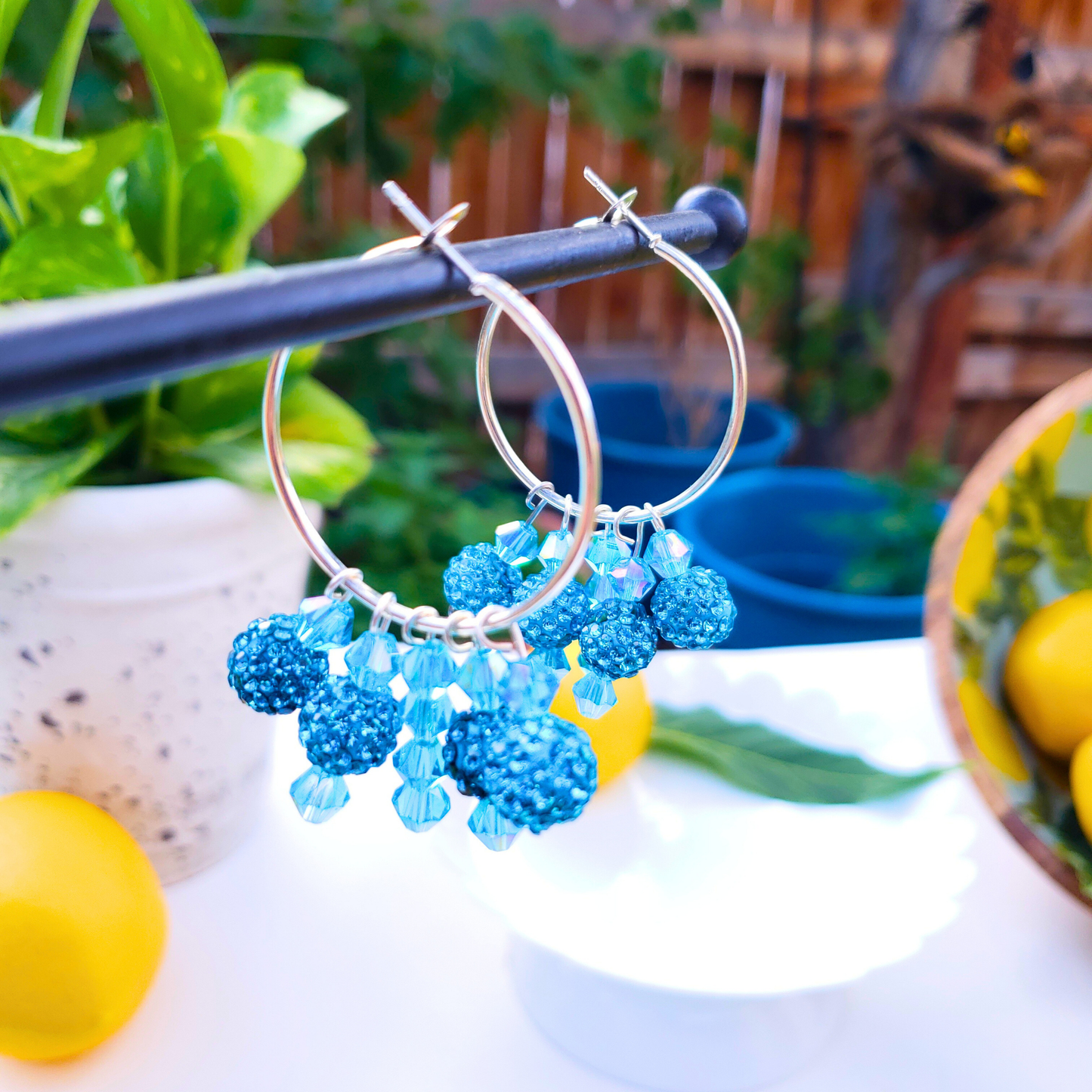 Blue Crystal Hoop Earrings - Ocean Breeze Summer Style