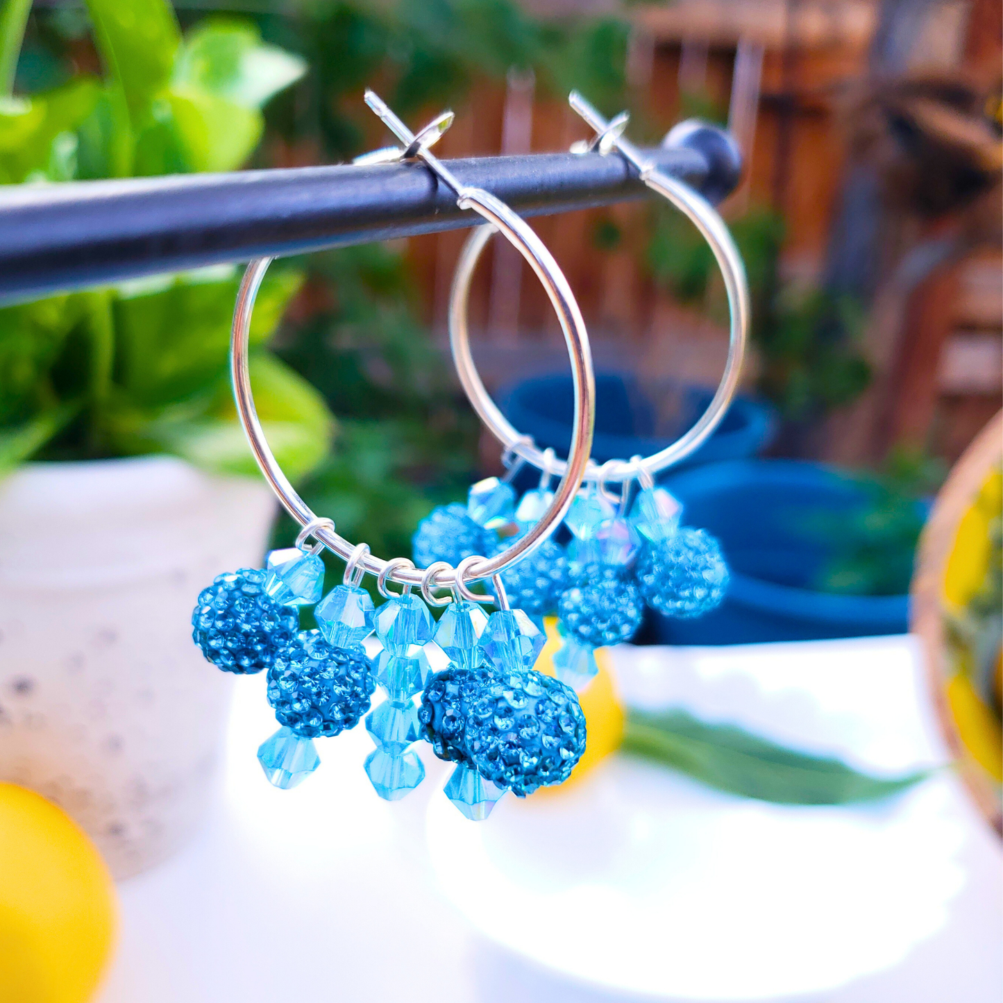 Blue Crystal Hoop Earrings - Ocean Breeze Summer Style