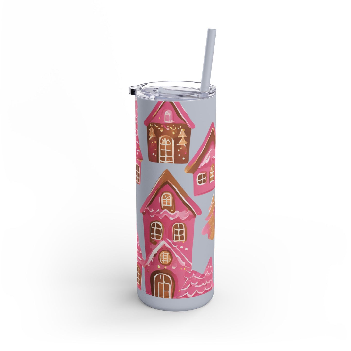 Pink Gingerbread Houses Skinny (MATTE) Tumbler – | 20oz Holiday Drinkware in Dusty Rose, Dusty Blue & Sea Glass