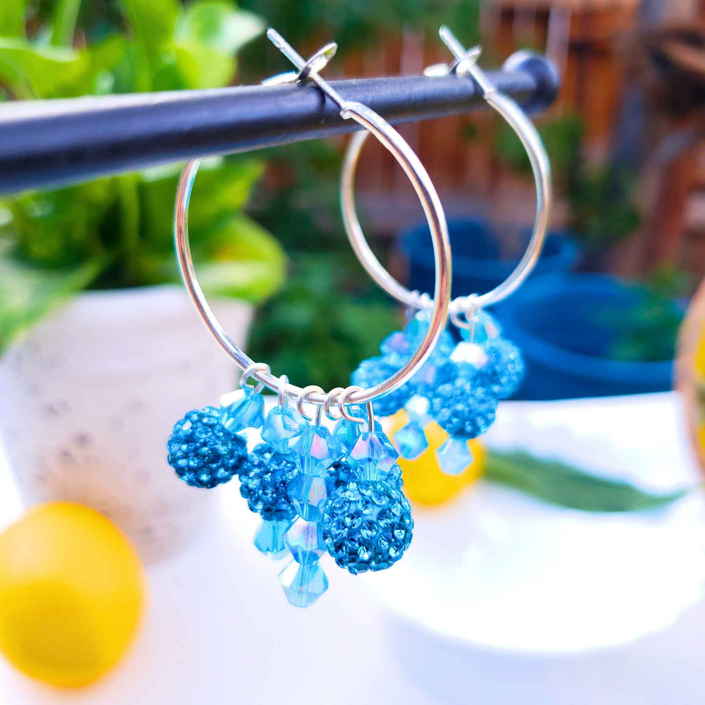 Blue Crystal Hoop Earrings - Ocean Breeze Summer Style