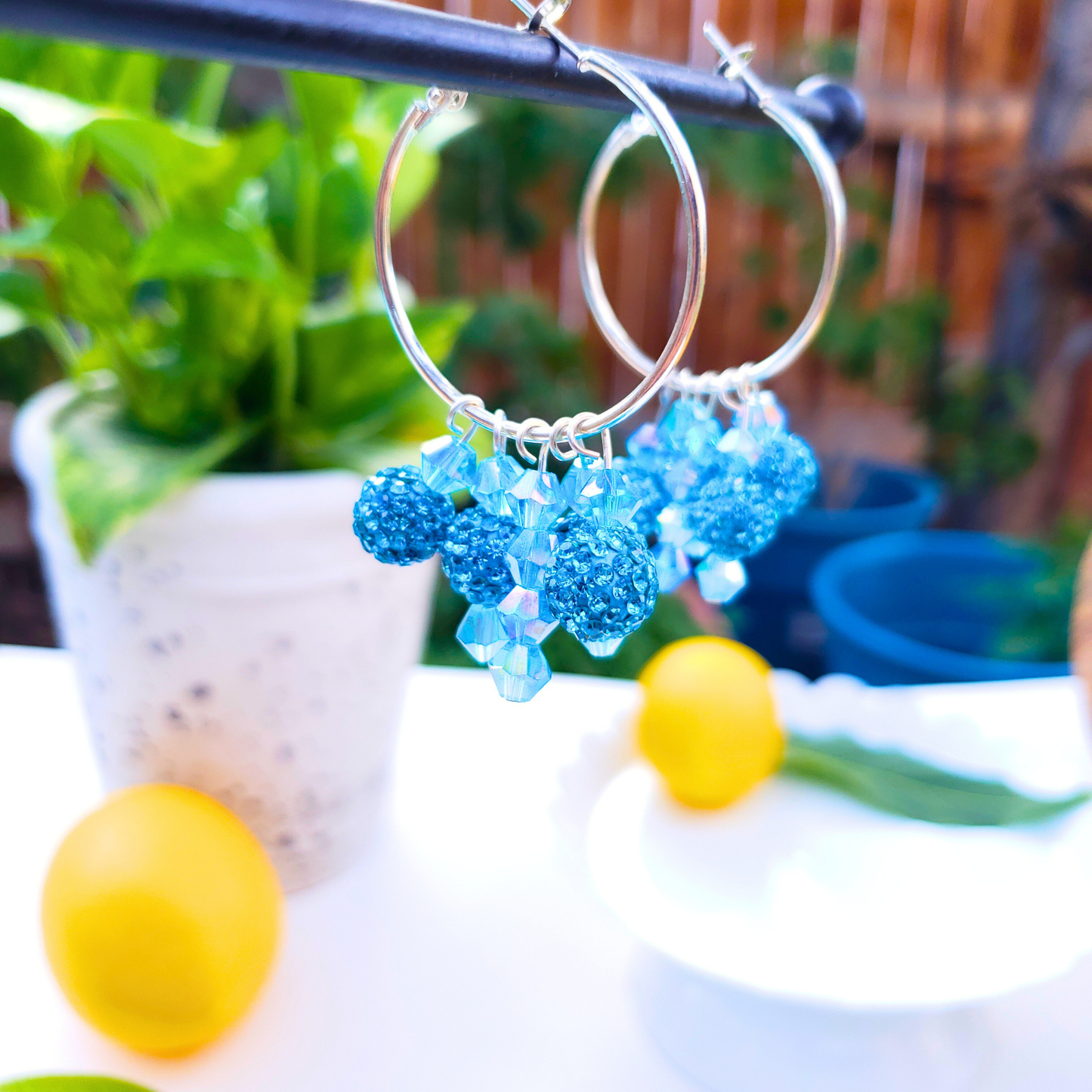 Blue Crystal Hoop Earrings - Ocean Breeze Summer Style