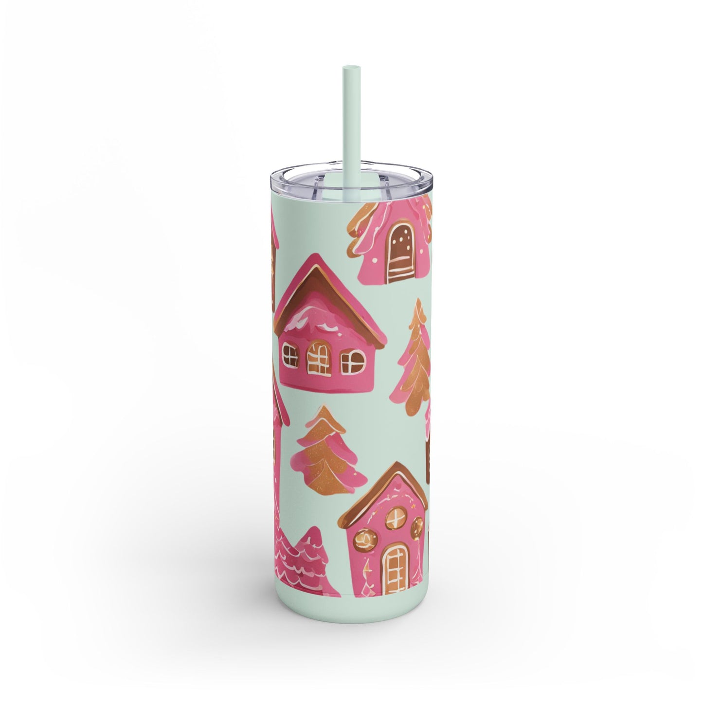 Pink Gingerbread Houses Skinny (MATTE) Tumbler – | 20oz Holiday Drinkware in Dusty Rose, Dusty Blue & Sea Glass