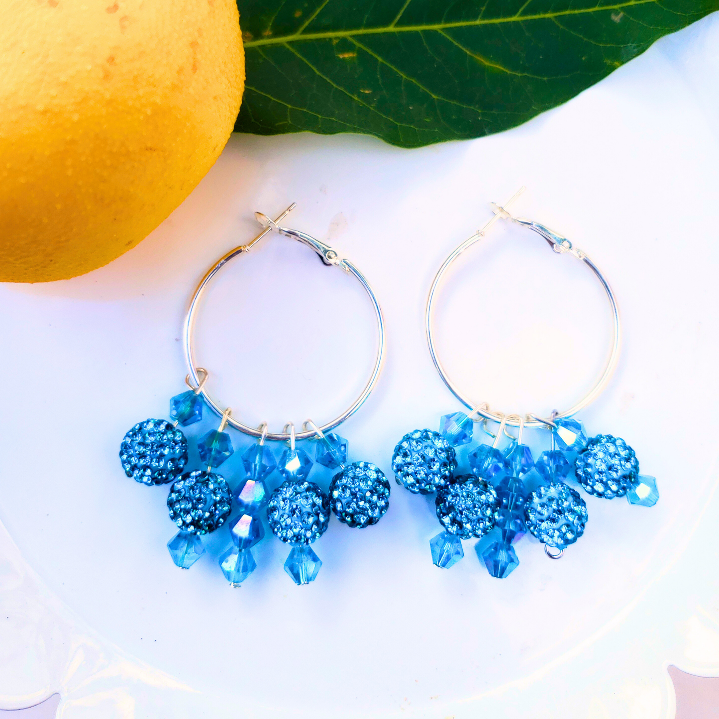 Blue Crystal Hoop Earrings - Ocean Breeze Summer Style