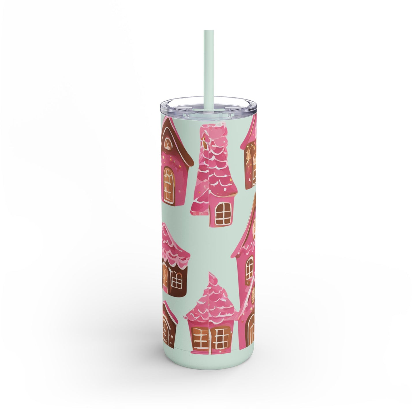 Pink Gingerbread Houses Skinny (MATTE) Tumbler – | 20oz Holiday Drinkware in Dusty Rose, Dusty Blue & Sea Glass