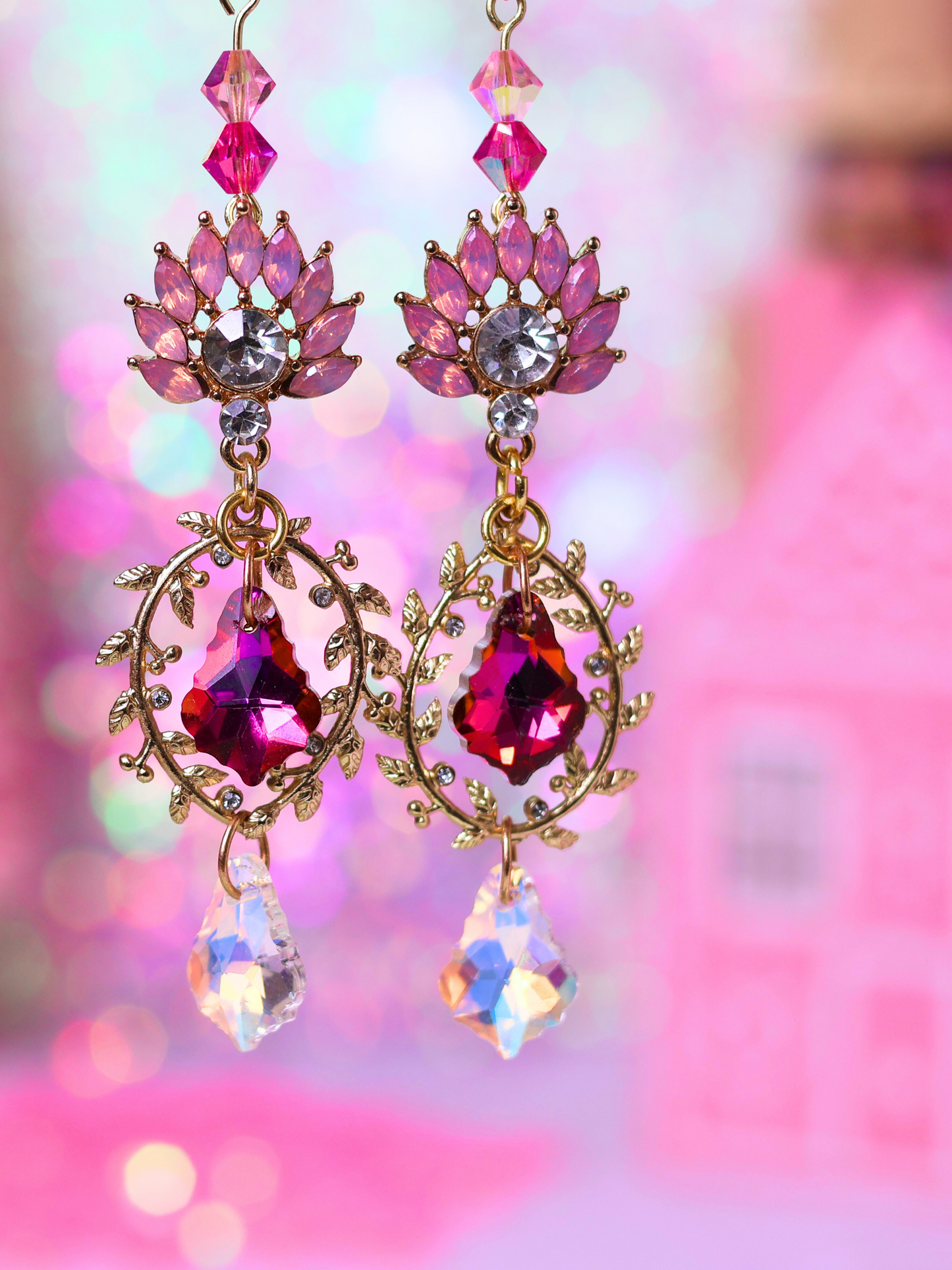 Pink Christmas Collection: Glamorous Pink Crystal Drop Earrings – Sparkling Elegance for the Holidays