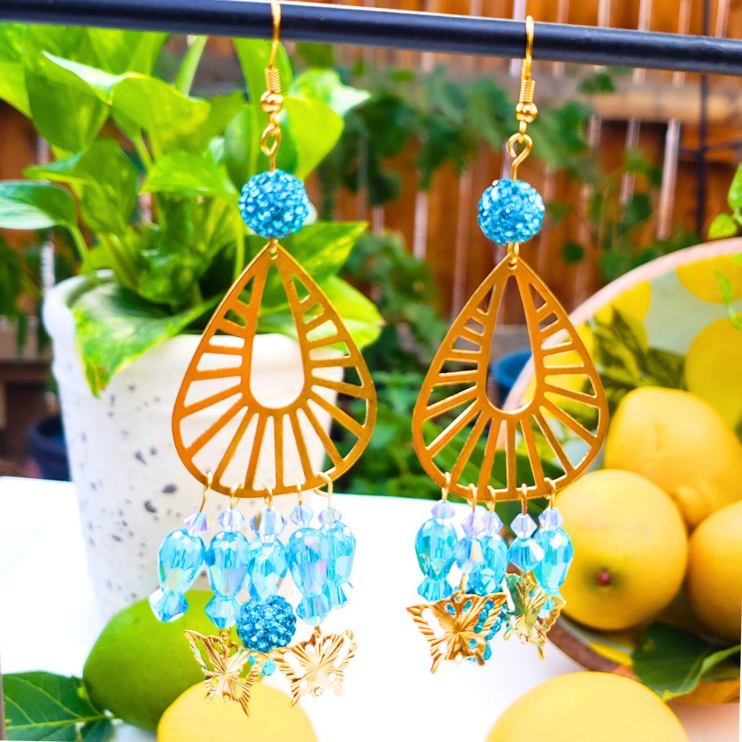 Golden Butterfly Chandelier Earrings with Blue Beads - Summer Elegance