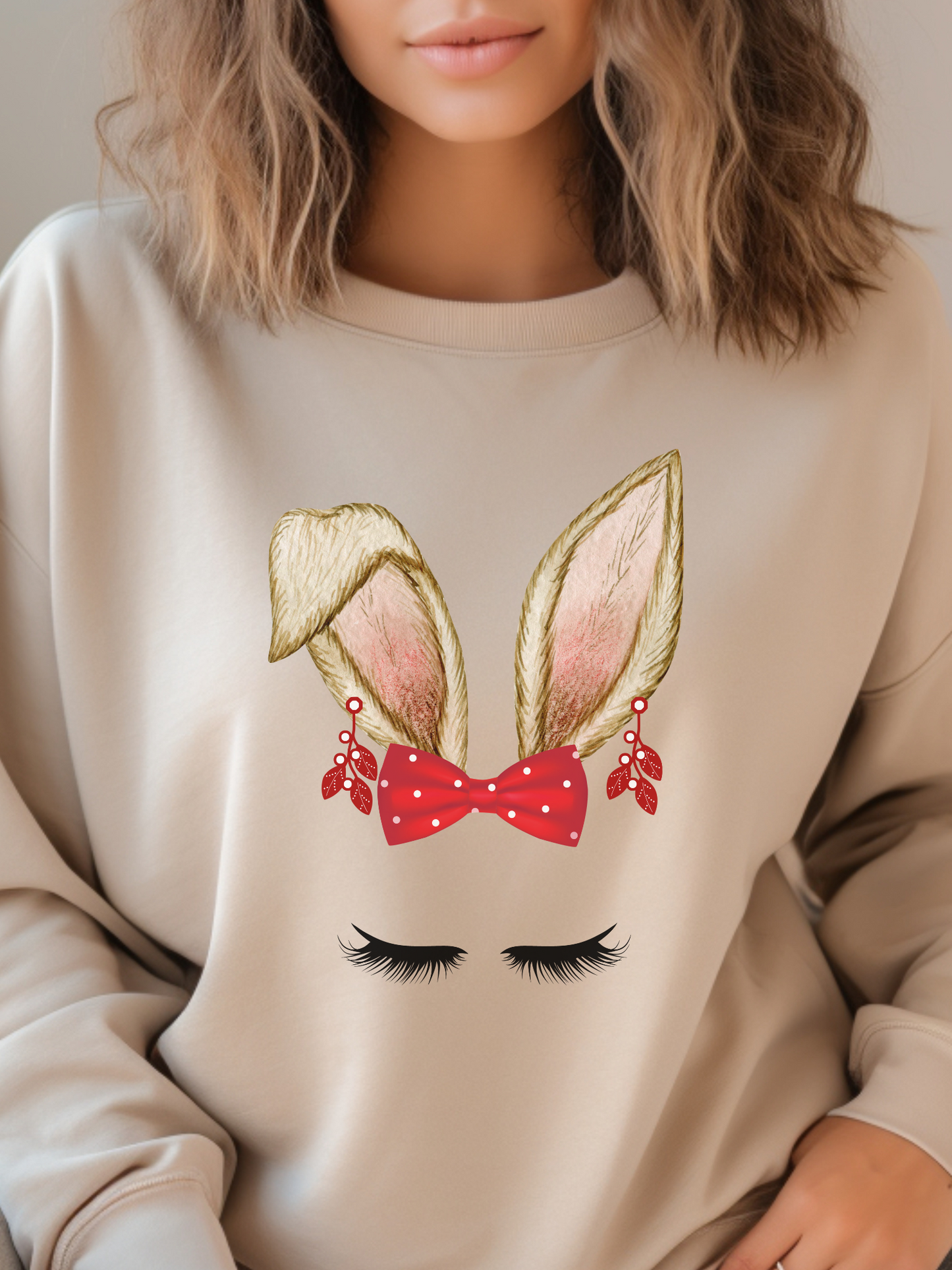 Christmas Bunny Ears Red Bow with Polka Dots and Dangle Earrings Sweatshirt